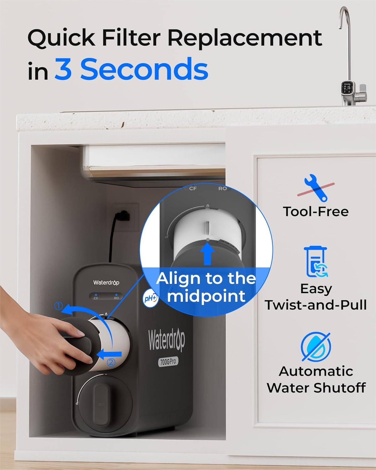 Quick Filter Replacement in 3 Seconds

- Tool-Free
- Easy Twist-and-Pull
- Automatic Water Shutoff

Align to the midpoint