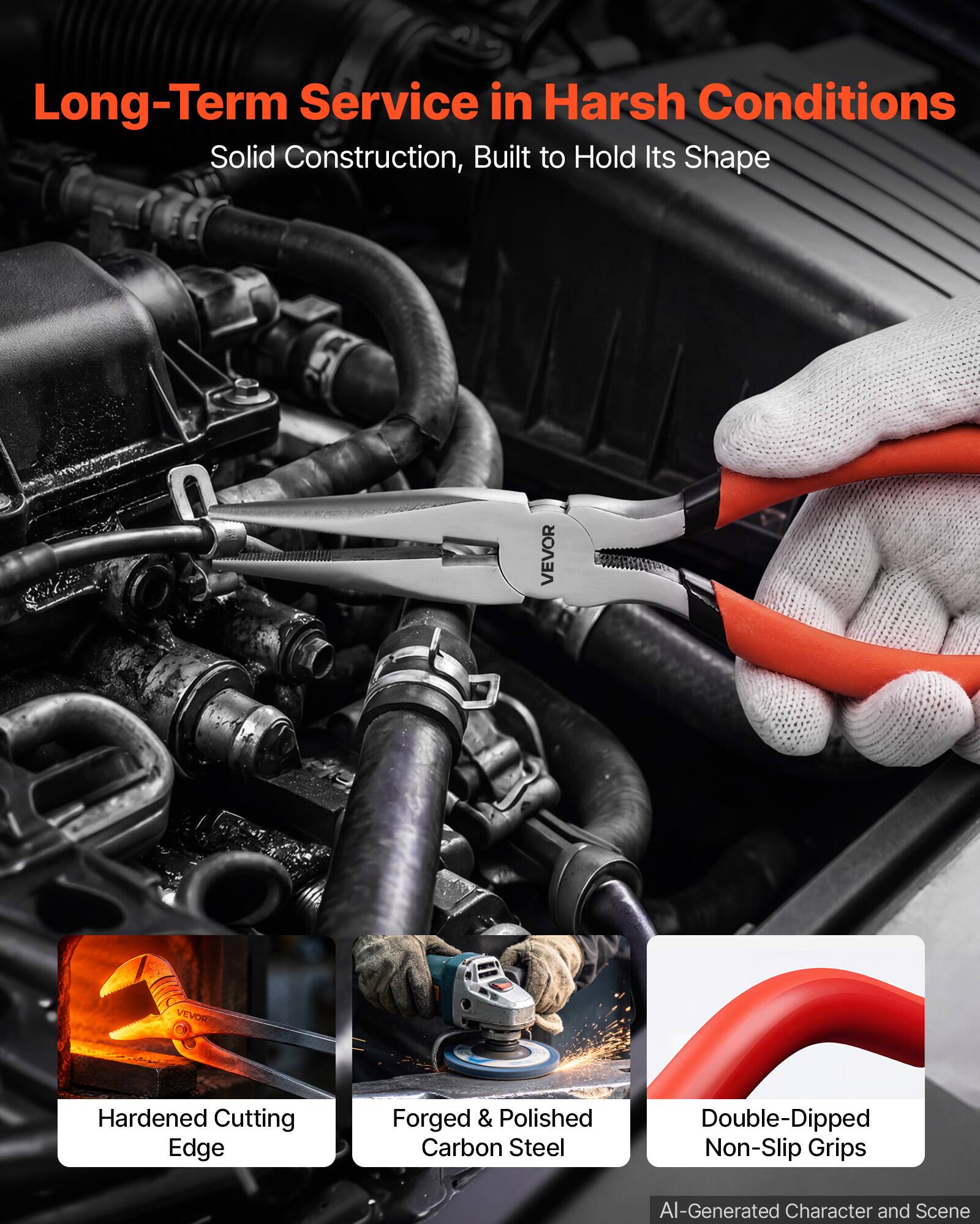 Long-Term Service in Harsh Conditions  
Solid Construction, Built to Hold Its Shape  

VEVOR  
VEVOR  
Hardened Cutting Edge  
Forged & Polished Carbon Steel  
Double-Dipped Non-Slip Grips  

AI-Generated Character and Scene
