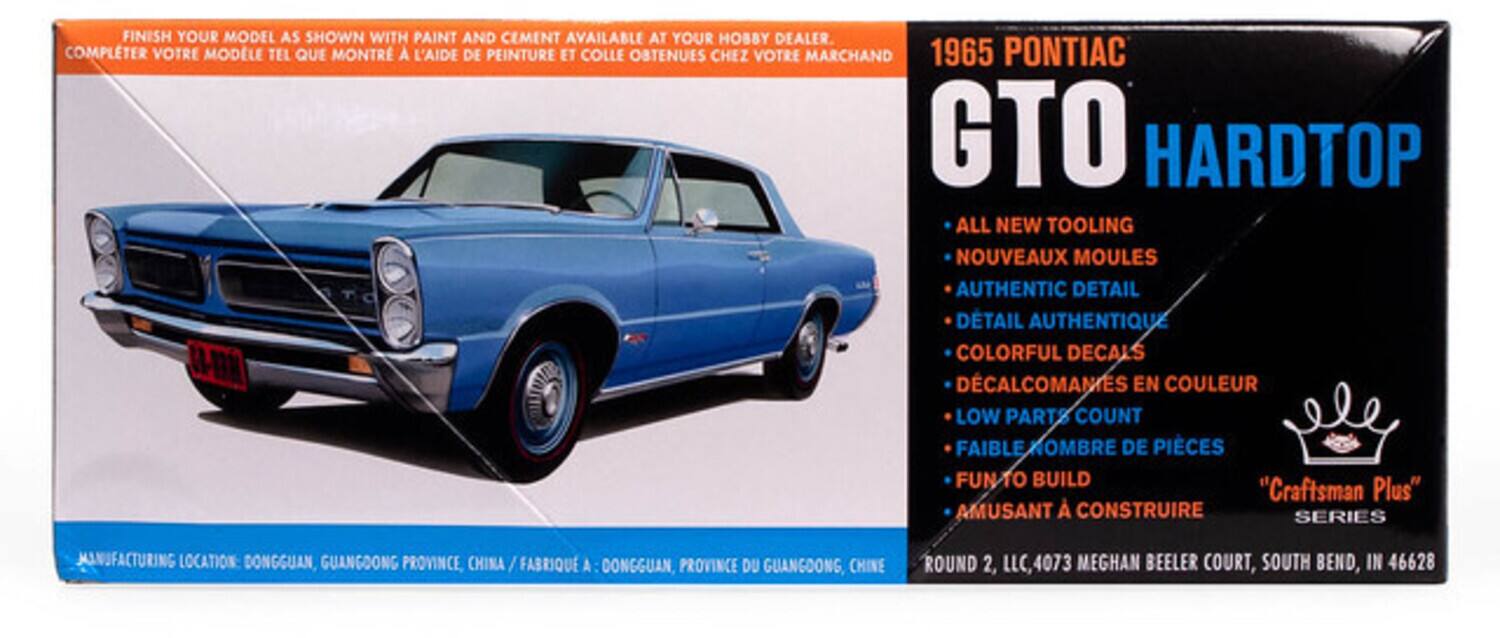 FINISH YOUR MODEL AS SHOWN WITH PAINT AND CEMENT AVAILABLE AT YOUR HOBBY DEALER.  
COMPLÉTER VOTRE MODÈLE TEL QUE MONTRÉ À L'AIDE DE PEINTURE ET COLLE OBTENUES CHEZ VOTRE MARCHAND.

1965 PONTIAC GTO HARDTOP  
ALL NEW TOOLING  
NOUVEAUX MOULES  
AUTHENTIC DETAIL  
DÉTAIL AUTHENTIQUE  
COLORFUL DECALS  
DÉCALCOMANIES EN COULEUR  
LOW PARTS COUNT  
FAIBLE NOMBRE DE PIÈCES  
FUN TO BUILD  
AMUSANT À CONSTRUIRE  

"Craftsman Plus" SERIES  

MANUFACTURING LOCATION: DONGGUAN, GUANGDONG PROVINCE, CHINA / FABRIQUÉ À DONGGUAN, PROVINCE DU GUANGDONG, CHINE  

ROUND 2, LLC, 4073 MEGHAN BEELER COURT, SOUTH BEND, IN 46628