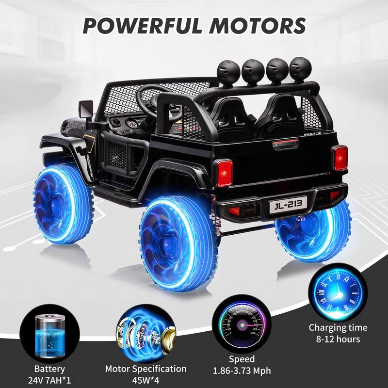 POWERFUL MOTORS

JL-213

Battery: 24V 7AH*1

Motor Specification: 45W*4

Speed: 1.86-3.73 Mph

Charging time: 8-12 hours