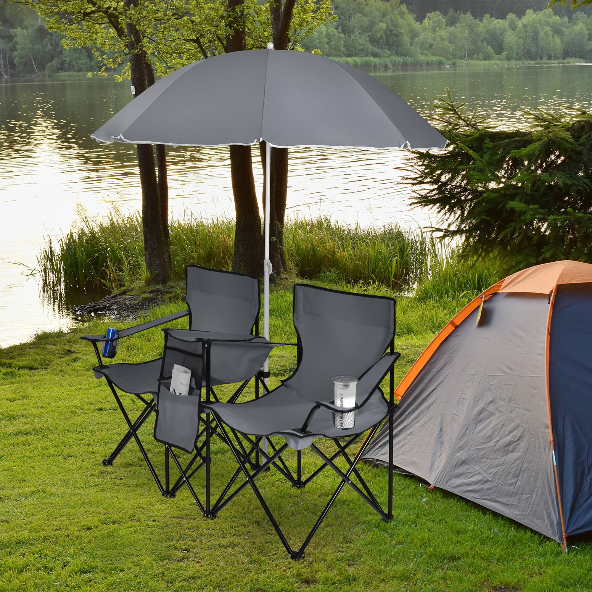 Angle. Costway - Portable Folding Picnic Double Chair W/Umbrella Table Cooler Beach Camping Gray - Gray.