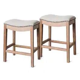Maven Lane - Adrien Saddle Counter Stool Finish w/ Sand Color Fabric Upholstery, Set of 2 - Weathered Oak