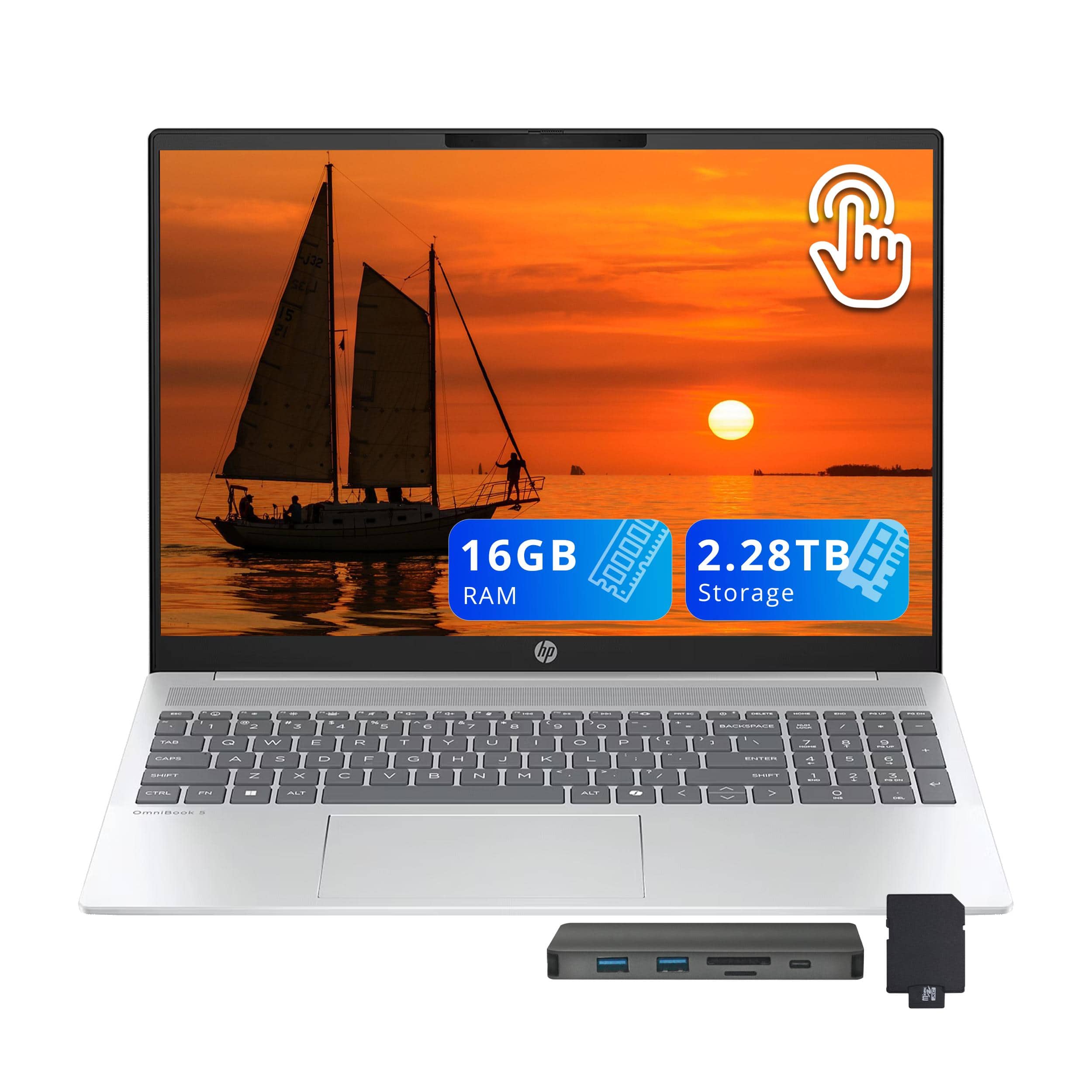 HP - OmniBook 5 16" 2K Touchscreen Laptop,Intel Ultra 7 255U,16GB RAM,2TB SSD+256GB Docking Set,Win 11 - Silver