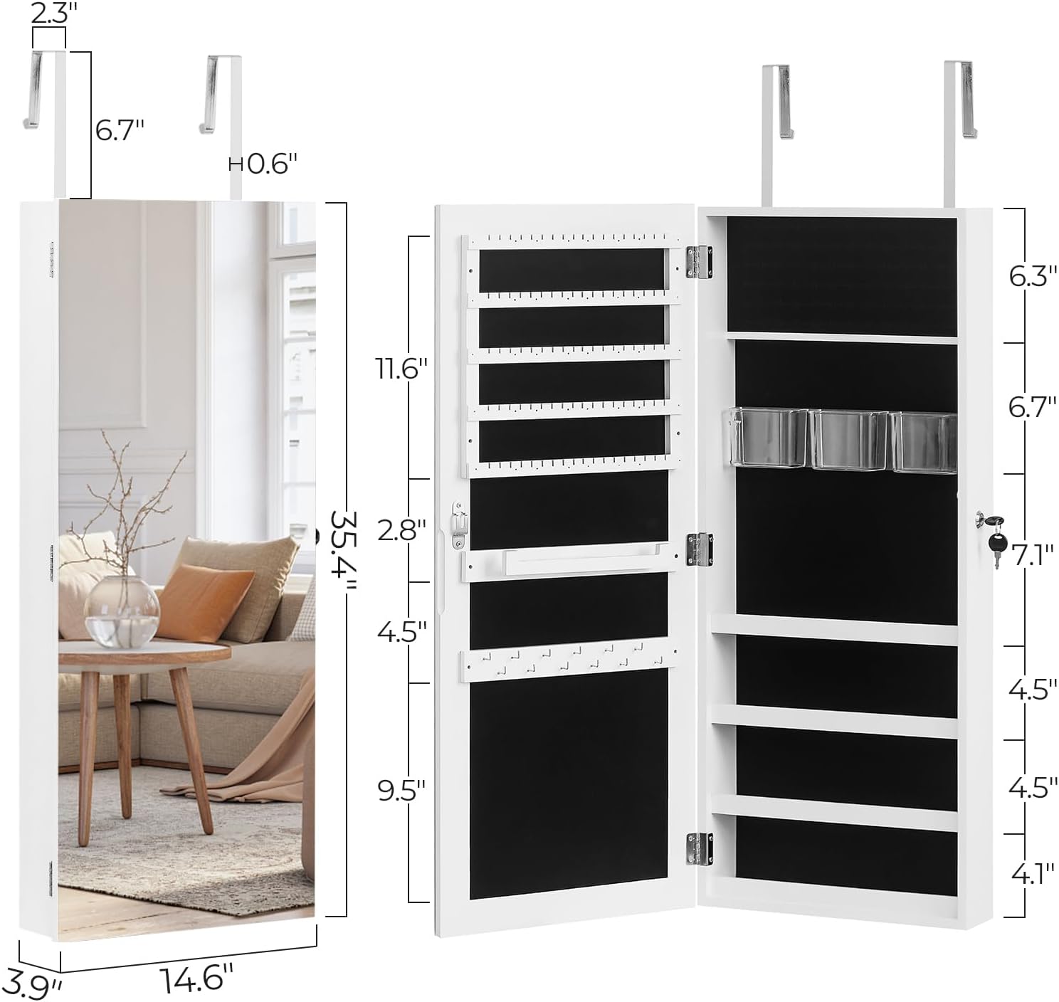 Alt View 1. Winado - Wall Door Mounted Full Mirrored Jewelry Holder Cosmetic Large Organizer Cabinet Armoire Lockable w/ Frameless Mirror - White.
