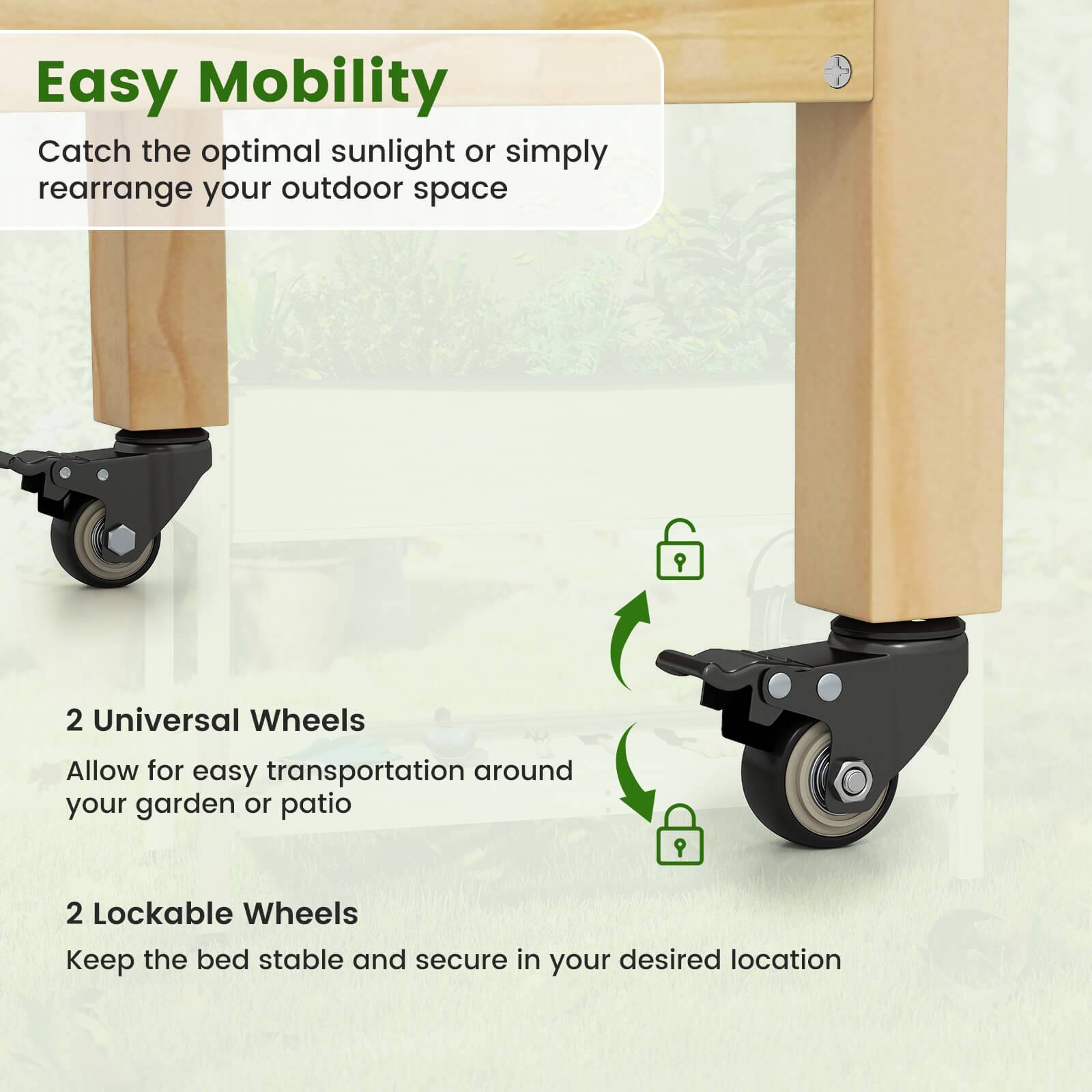 Alt View 8. Costway - Costway 1 PCS Wooden Raised Garden Bed with Legs, Lockable Wheels, Liner, Storage Shelf Drainage - Natural.