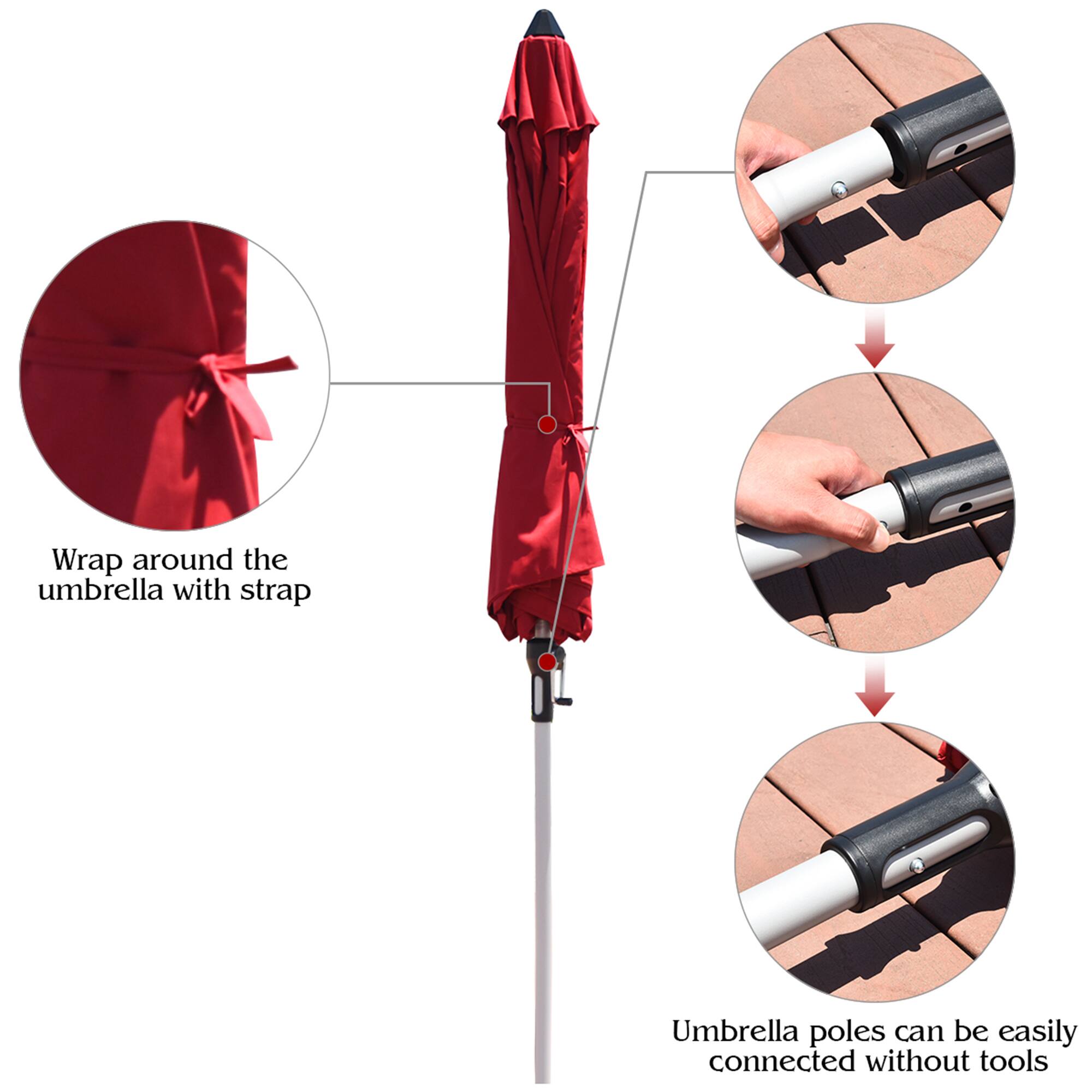Umbrella poles can be easily connected without tools. Wrap around the umbrella with strap.
