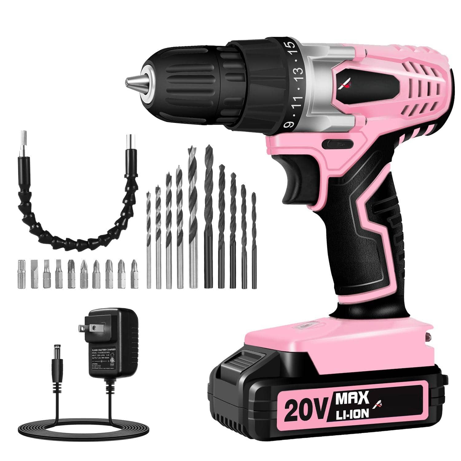 JETRANSPORT - 20v Max Lithium Lon Cordless Drill Set Kit With And 3 8-inch Keyless Chuck Variable Speed 16 Position - 2-pink