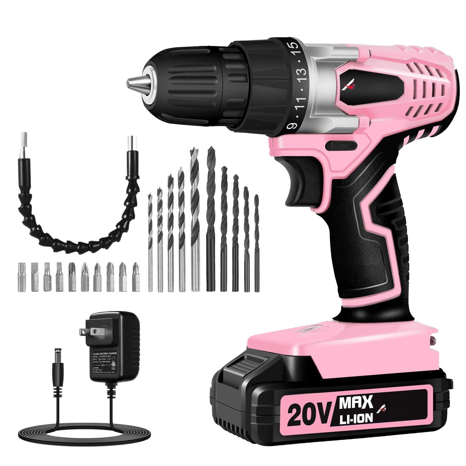 JETRANSPORT - 20v Max Lithium Lon Cordless Drill Set Kit With And 3 8-inch Keyless Chuck Variable Speed 16 Position - 2-pink