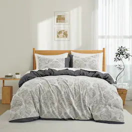 Peace Nest - 100% Cotton Double-Layer Gauze Floral Jacquard Duvet Cover Set - Dark Gray