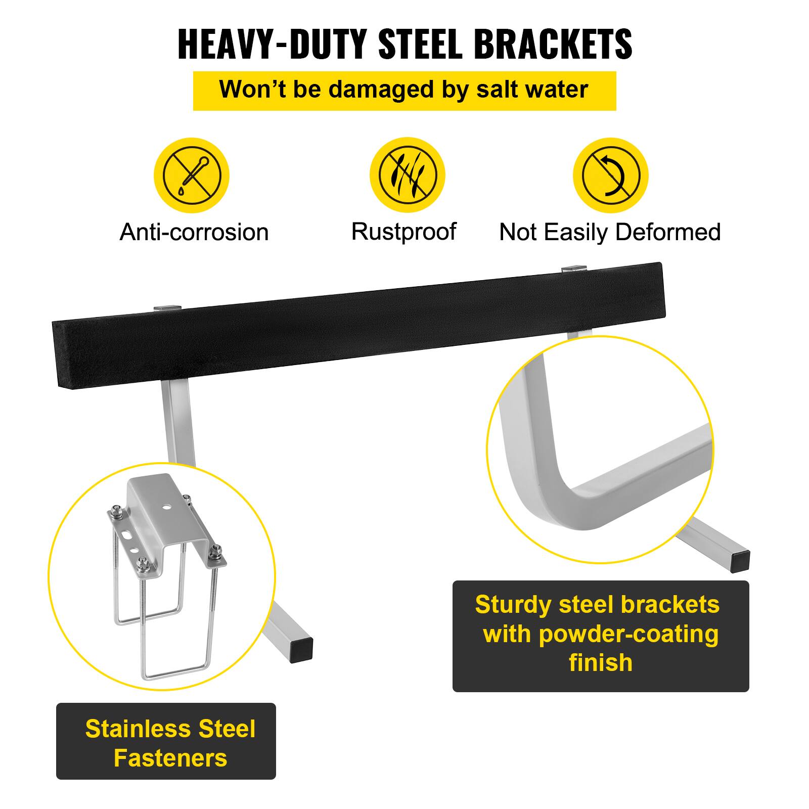 HEAVY-DUTY STEEL BRACKETS  
Won't be damaged by salt water  

- Anti-corrosion  
- Rustproof  
- Not Easily Deformed  

Sturdy steel brackets with powder-coating finish  

Stainless Steel Fasteners