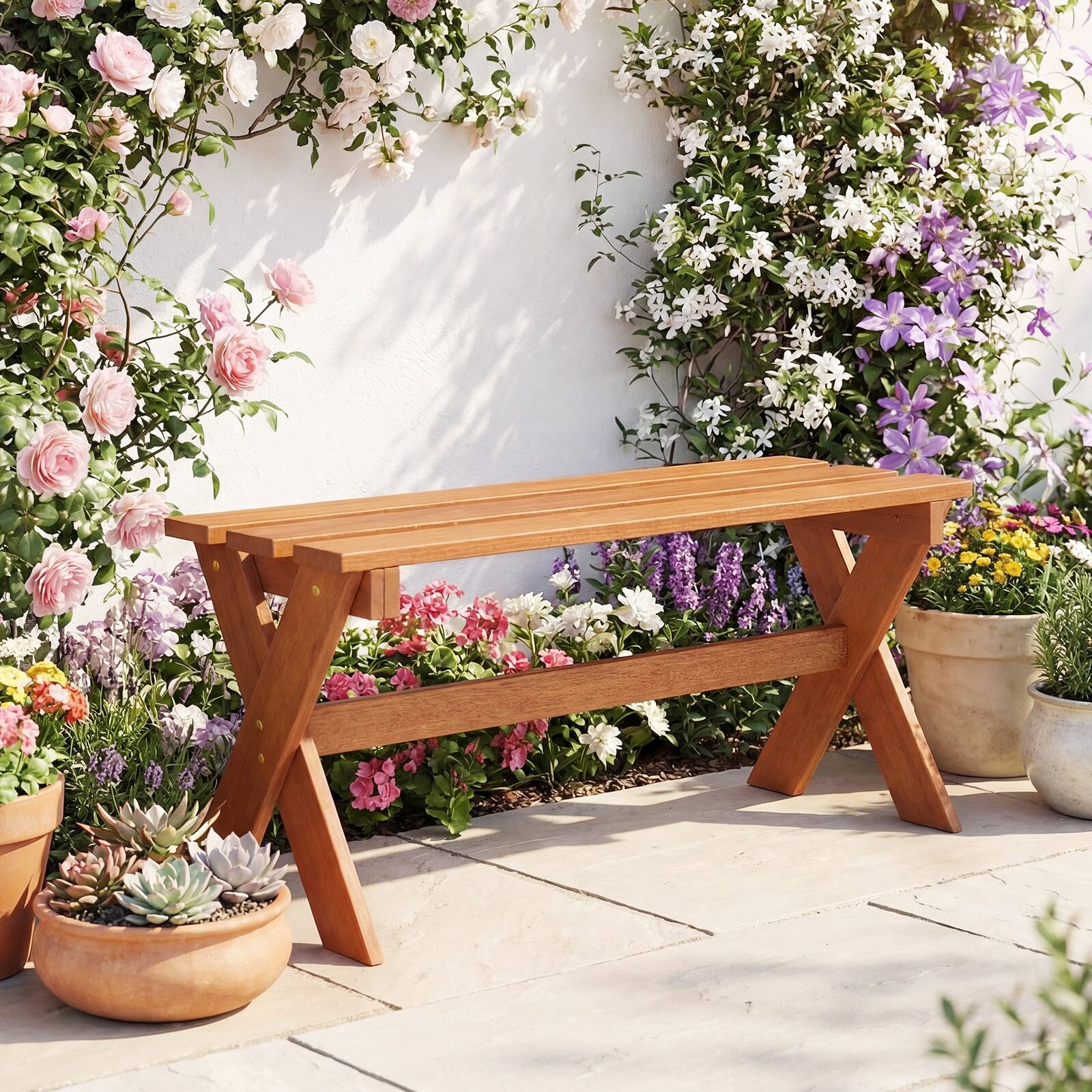 Alt View 3. Gymax - Gymax 36'' Outdoor Solid Wood Bench Set of 2 w/Teak Oil Finish & Slatted Seat for Porch - Brown.