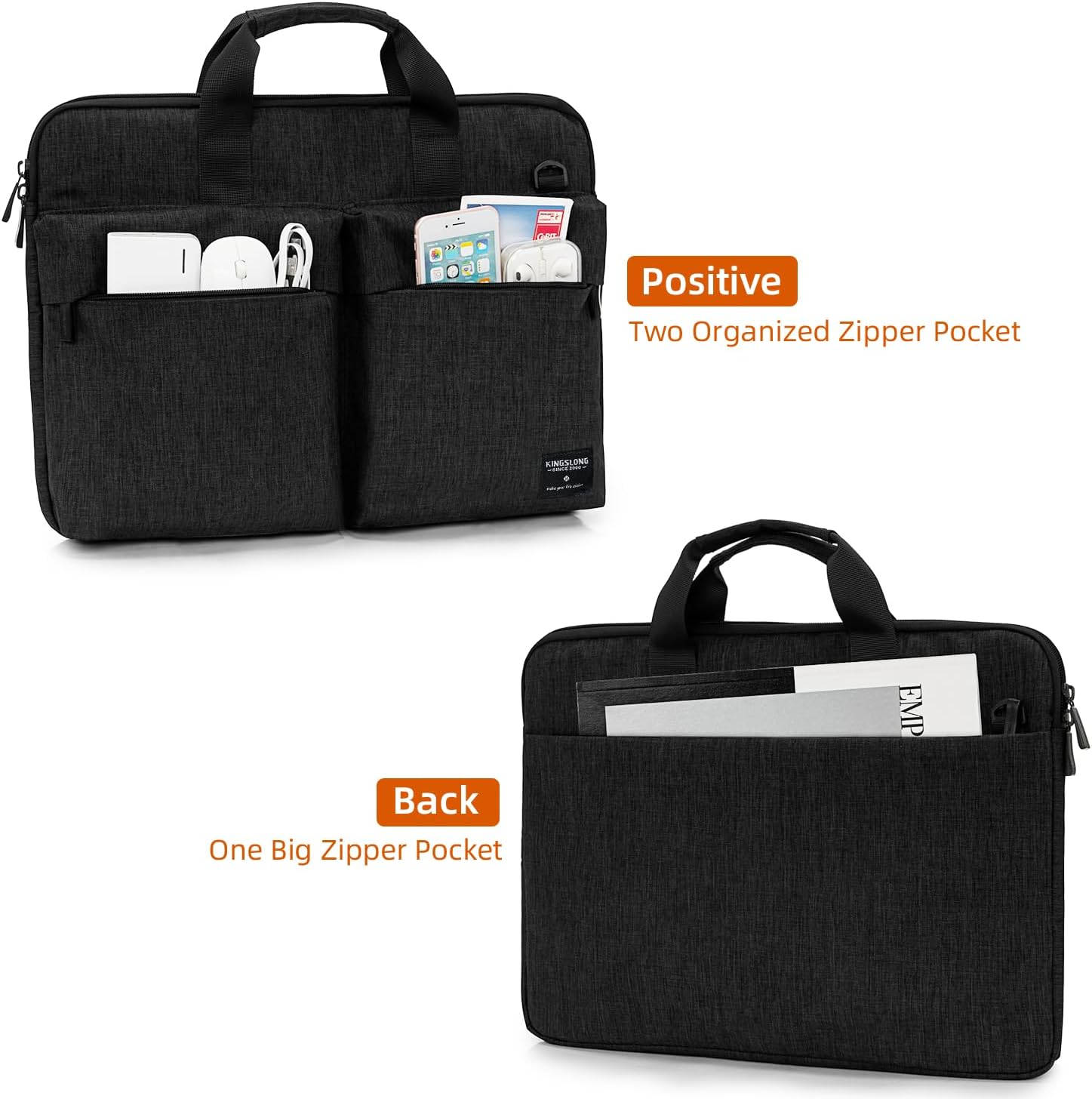 Positive: Two Organized Zipper Pocket

Back: One Big Zipper Pocket