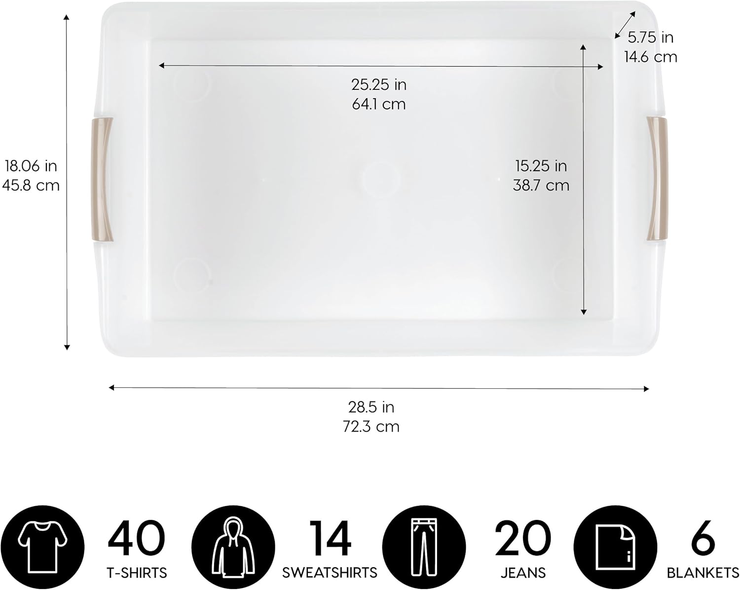 5.75 in 14.6 cm  
25.25 in 64.1 cm  
18.06 in 45.8 cm  
15.25 in 38.7 cm  
28.5 in 72.3 cm  
40 T-SHIRTS  
14 SWEATSHIRTS  
20 JEANS  
6 BLANKETS