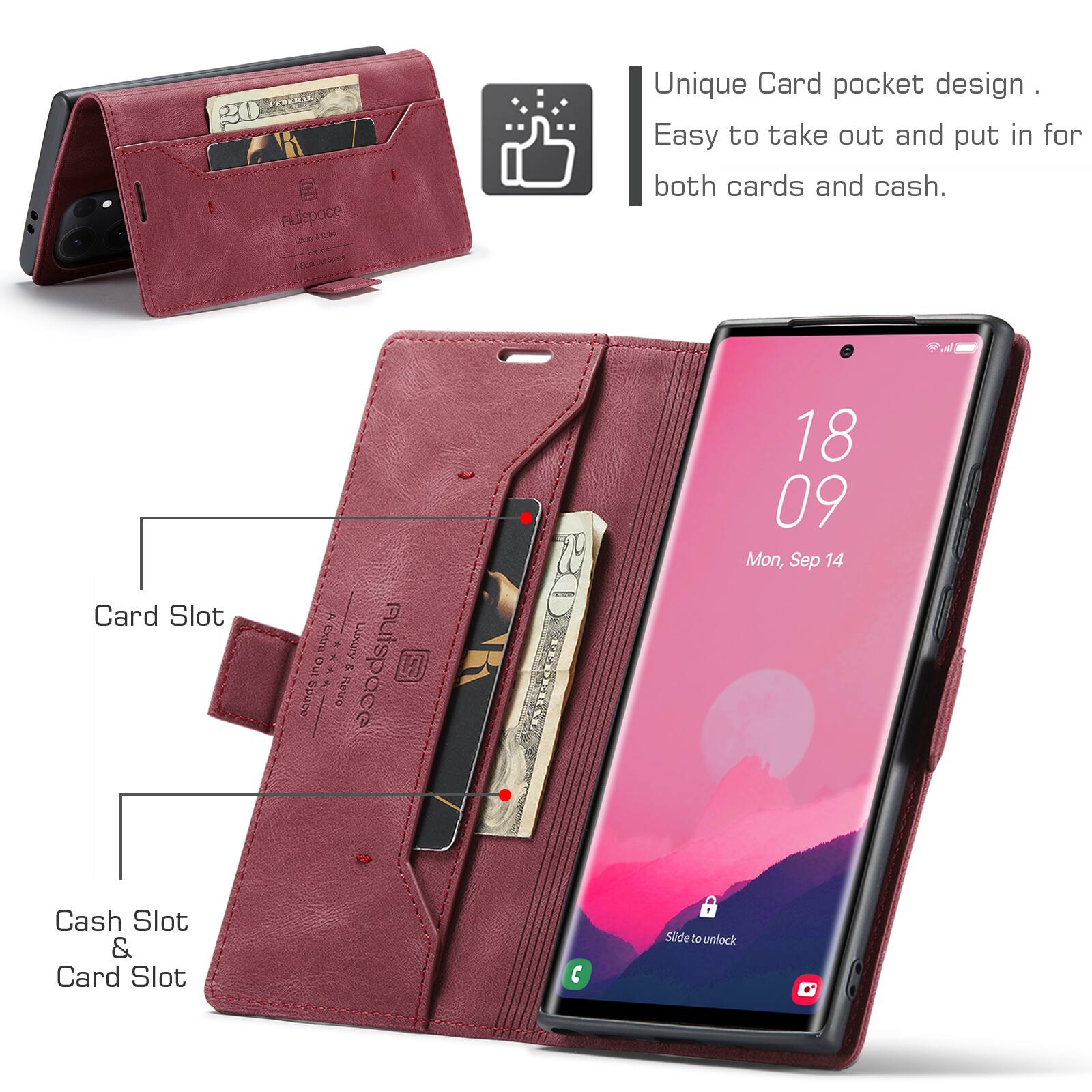 20 nutspace 0m Cospy

Unique Card pocket design. Easy to take out and put in for both cards and cash.

Card Slot

Cash Slot & Card Slot

18 09 Mon, Sep 14

Slide to unlock