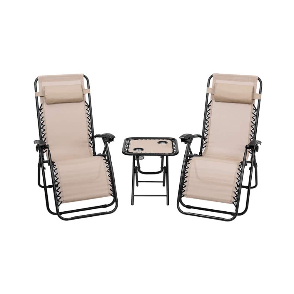 Boyel Living - 3 Pieces Folding Portable Zero Gravity Reclining Lounge Chairs Table Set - Beige