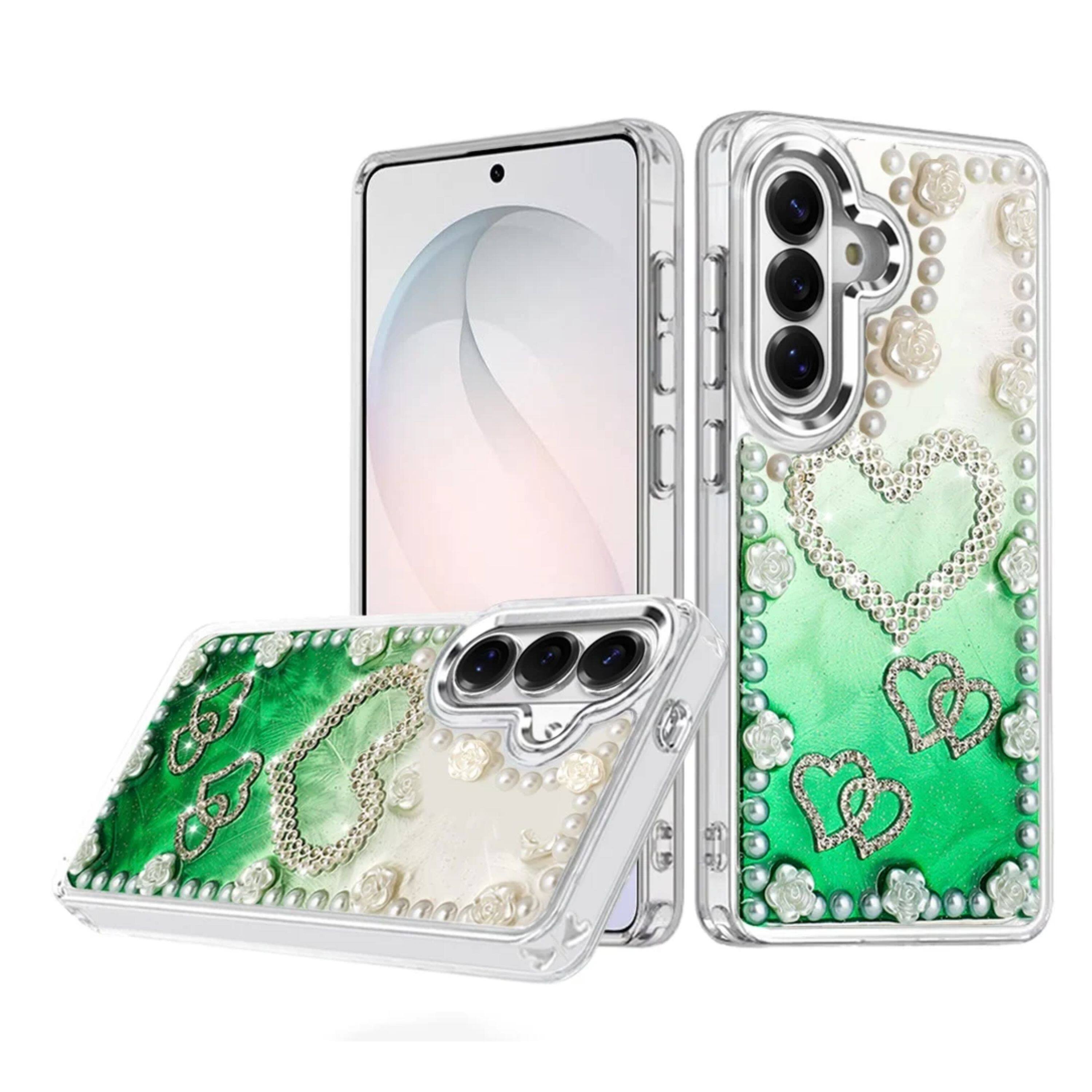 Front. Kitcheniva - Floral Faux Pearl Trim 3D Charms Phone Case With Tempered Glass For Samsung S26 Green White - Multicolor.