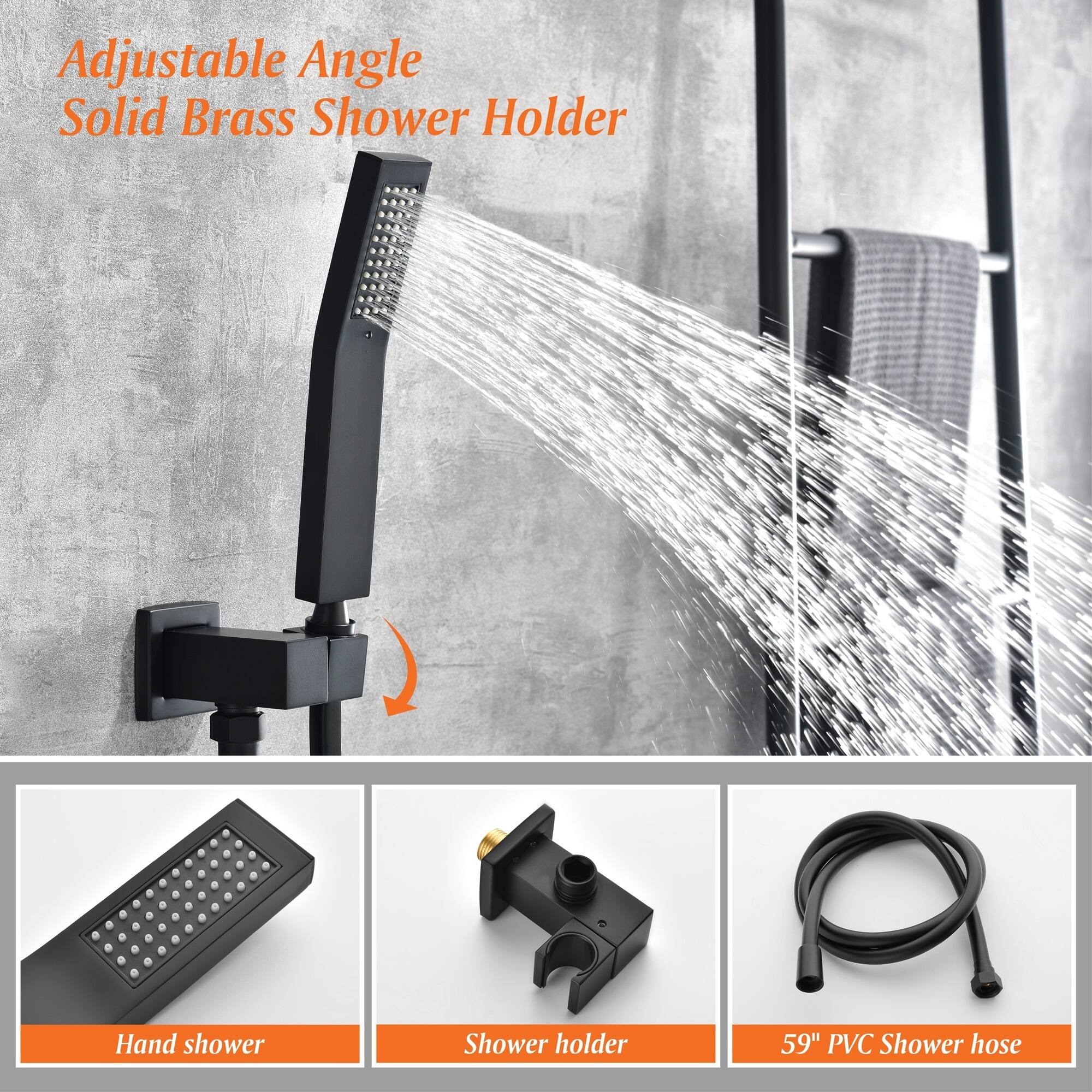 Adjustable Angle Solid Brass Shower Holder

Hand shower

Shower holder

59" PVC Shower hose
