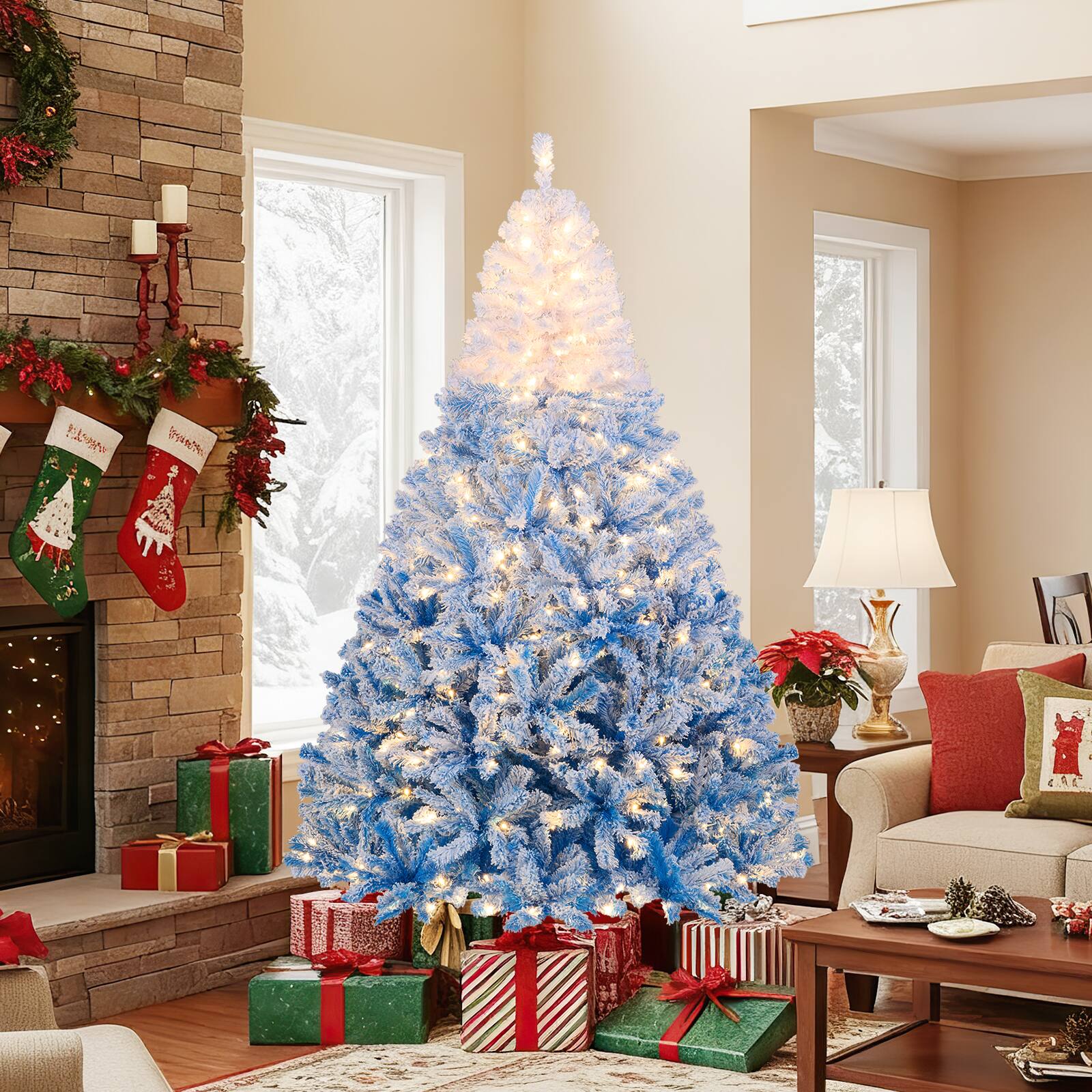 Alt View 1. Gymax - Gymax 7 FT Artificial Christmas Tree Hinged Snow Flocked Xmas Tree w/ 1264 Branch Tips - Blue.