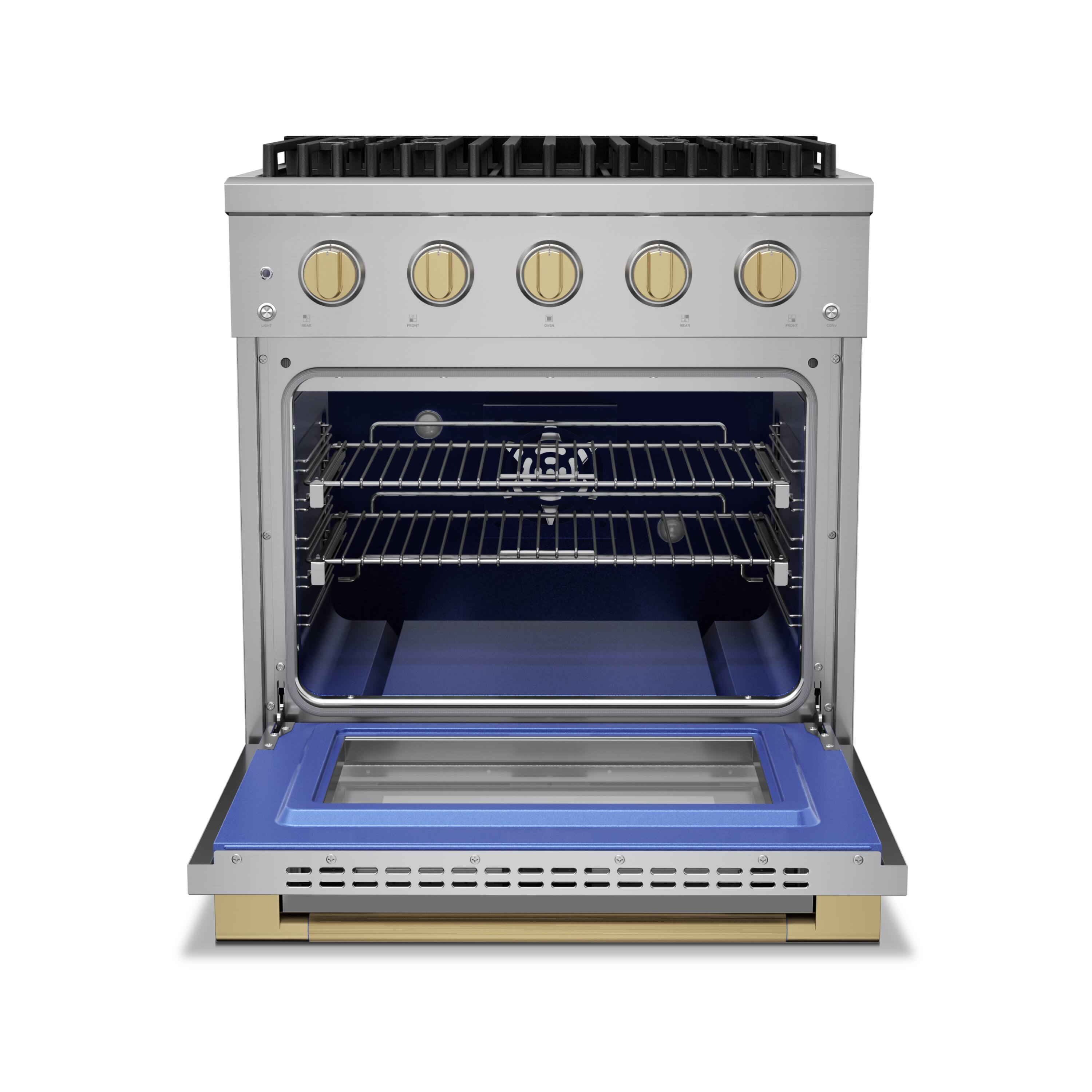 Angle. Hauslane - HausPro 30 in. 4 Burners (20,000 BTU) Freestanding Dual Fuel Range in Stainless Steel with Convection Oven Satin Brass - Satin Brass.
