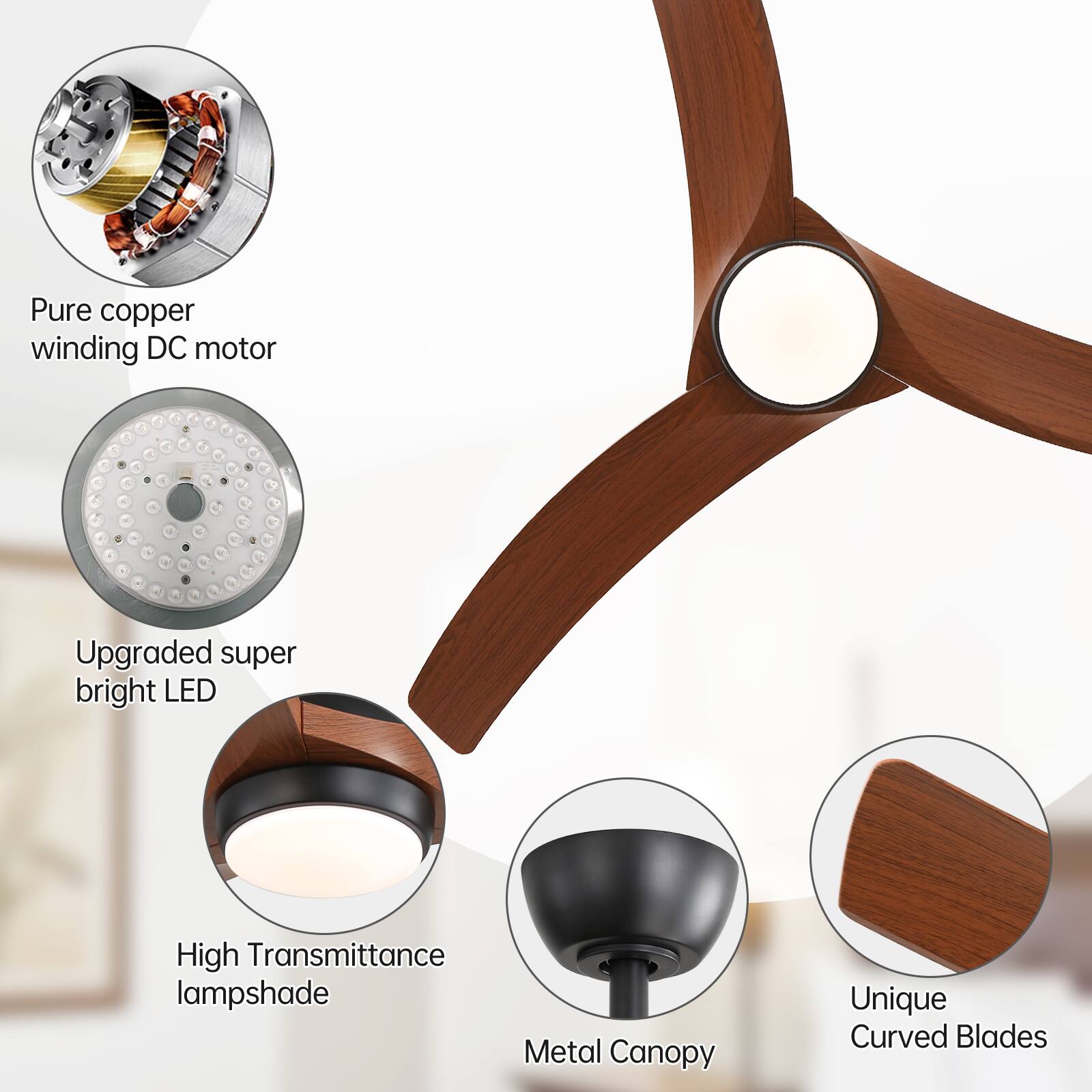 Pure copper winding DC motor  
Upgraded super bright LED  
High Transmittance lampshade  
Metal Canopy  
Unique Curved Blades