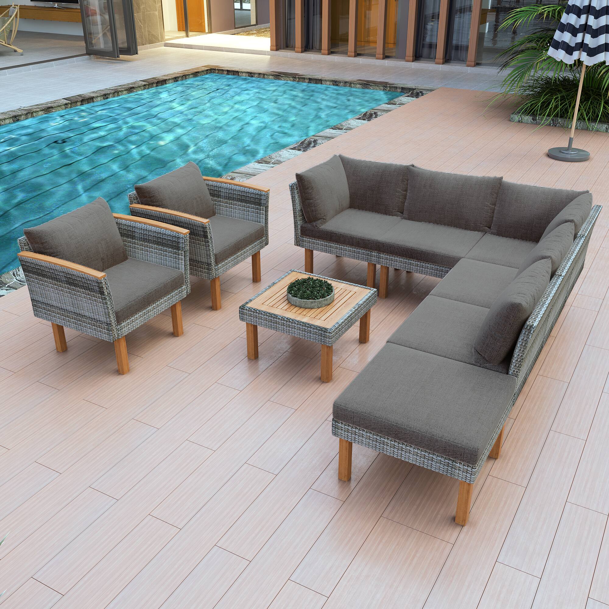 Front. Whisen - 9-Piece Outdoor Patio Rattan Furniture Set with Acacia Wood Legs and Coffee Table, Sectional Sofa - Gray.