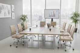 LeisureMod - Set of 8 Benmar Modern Leather Upholstered Office Desk Chair with Swivel Seat with Smooth-Rolling Casters - Tan