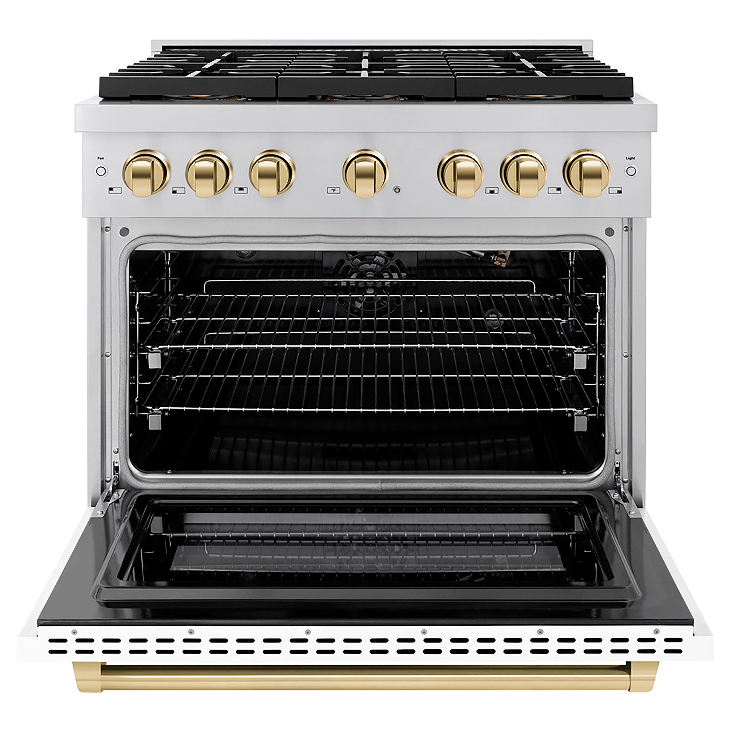 Angle. ZLINE - ZLINE Autograph 36 in. Paramount Gas Range with 6 DuoPro Burners w/ White Door & Gold Accents (PSGRZ-WM-36-G) - Stainless Steel with White Matte Door.