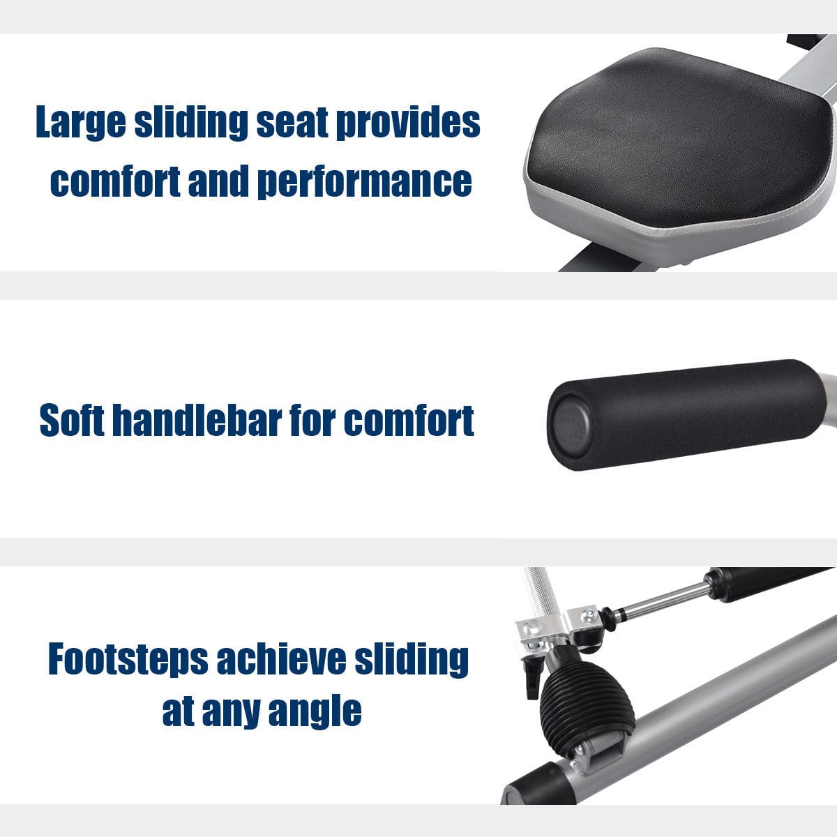 The text on the image is grouped and corrected as follows:
Large sliding seat provides comfort and performance. Soft handlebar for comfort. Footsteps achieve sliding at any angle.