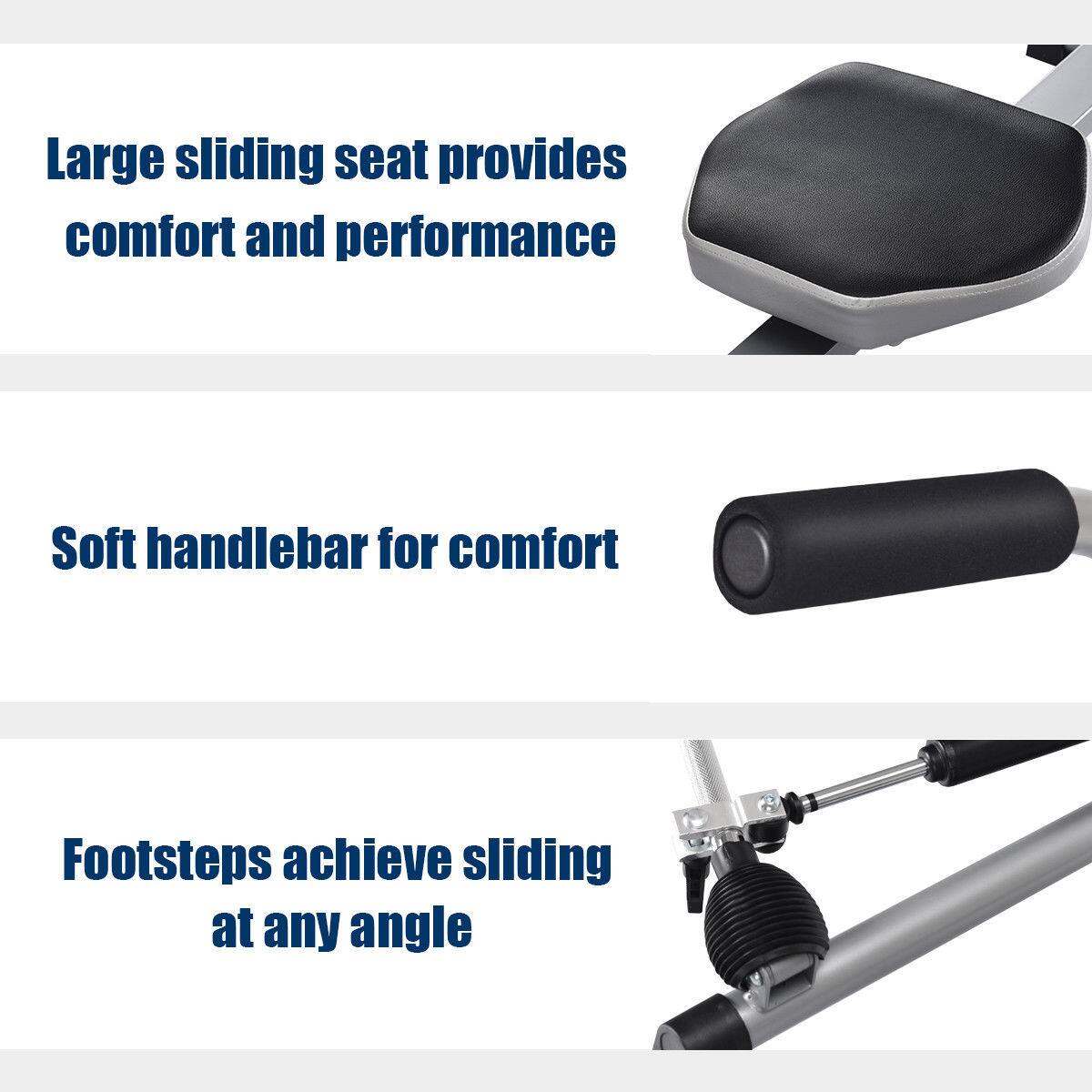 The text on the image is grouped and corrected as follows:

Large sliding seat provides comfort and performance. Soft handlebar for comfort. Footsteps achieve sliding at any angle.