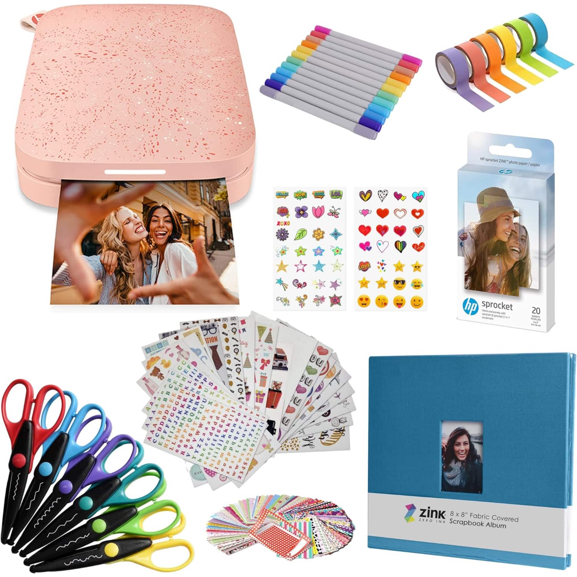 HP - Sprocket Portable 2x3" Instant Photo Printer, Accesories & Scrapbook Bundle - Blush Pink