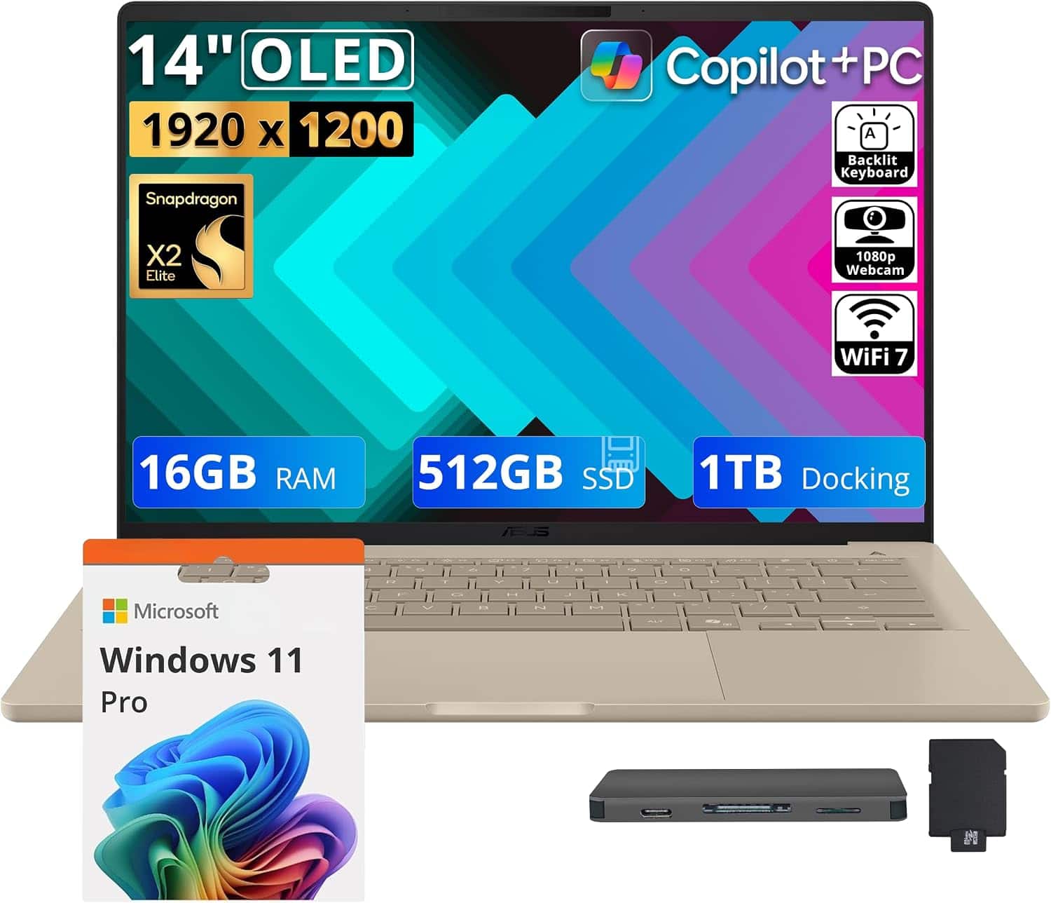 ASUS - Upgraded - Zenbook A14 14" FHD+ OLED Laptop,Snapdragon X2 Elite,16GB RAM,512GB SSD+1TB Dock,Backlit,Win11 Pro - Zabriskie Beige