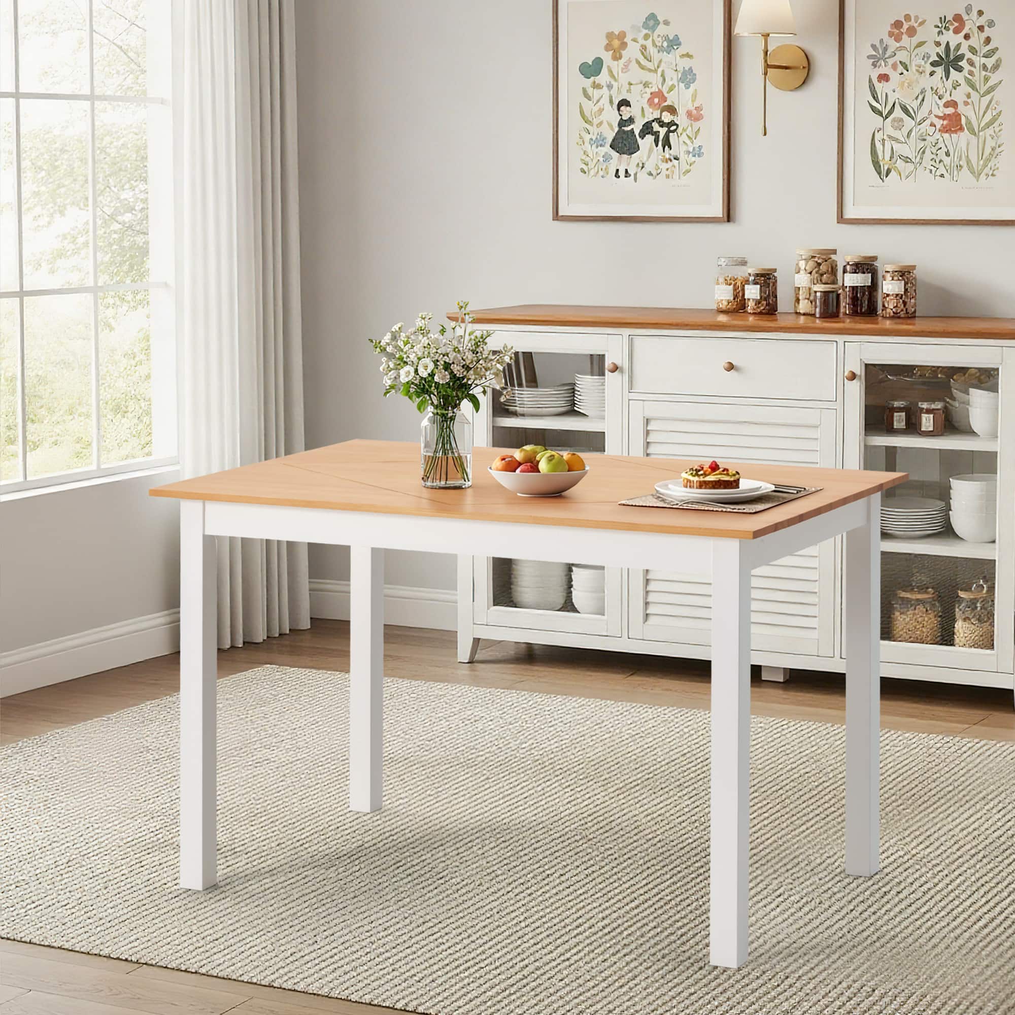 U-HOMY - Premium Knot-Free Solid Wood Dining Table – Minimalist Modern 4-Seater Kitchen Table Set - Natural Wood, White