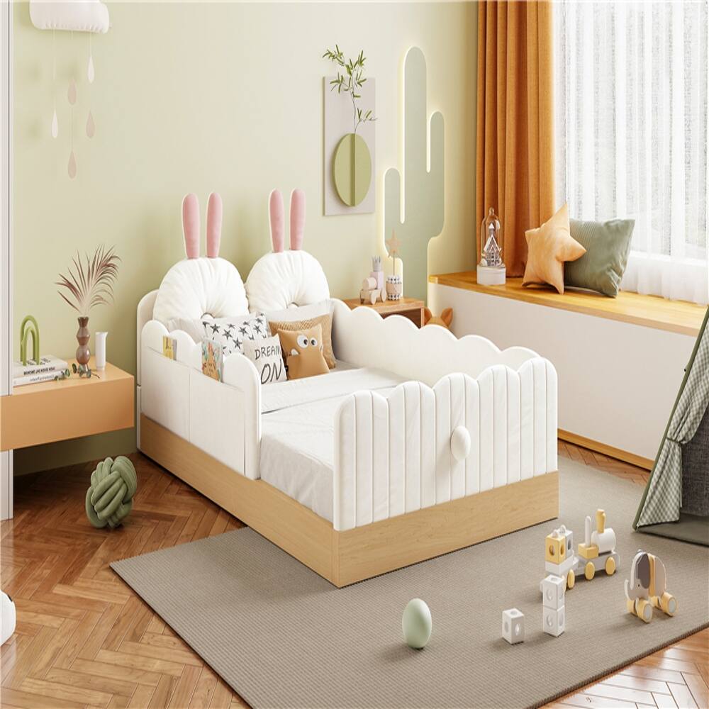 Alt View 1. Loheer - Loheer Twin Size Upholstered Platform Bed Beige Velvet Kids Bed with Storage Bags Animal Pillows No Box Spring Required - Beige.