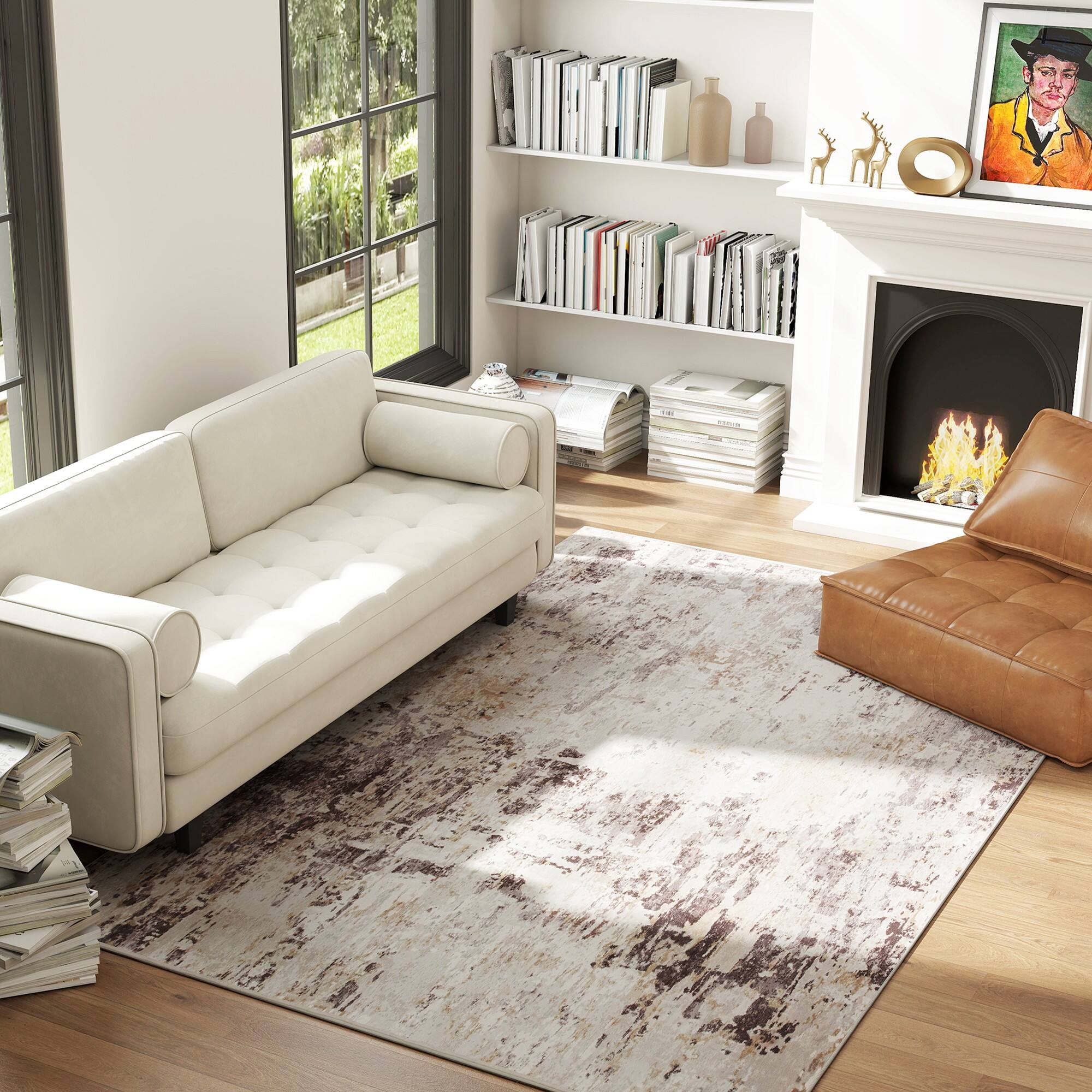 Alt View 1. Homcom - Area Rug 5x7, Machine Washable Distressed Non-Slip Modern Abstract, Mixed-Brown - Mixed Brown.