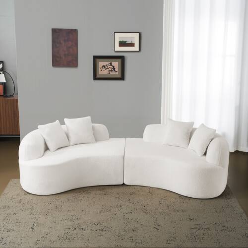 Angle. Anysun - Curved 4-Seat Grey Teddy Velvet Sofa - Full Compression Sponge, No Assembly, Compact for Small Spaces & Apartments - White.