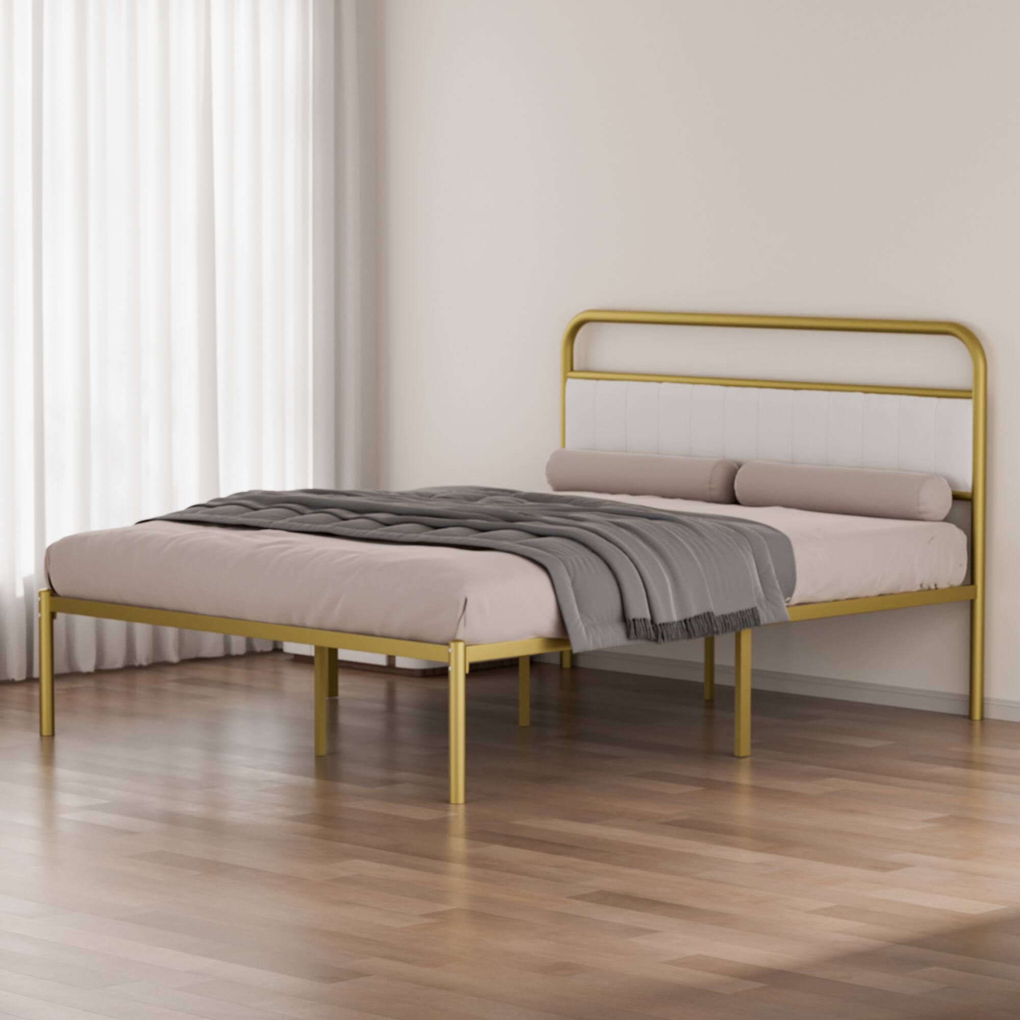 Left. GOODSILO - Queen-Size Upholstered Platform Bed Frame with Metal and Wood Construction Adjustable for Various Settings - Beige+Gold.