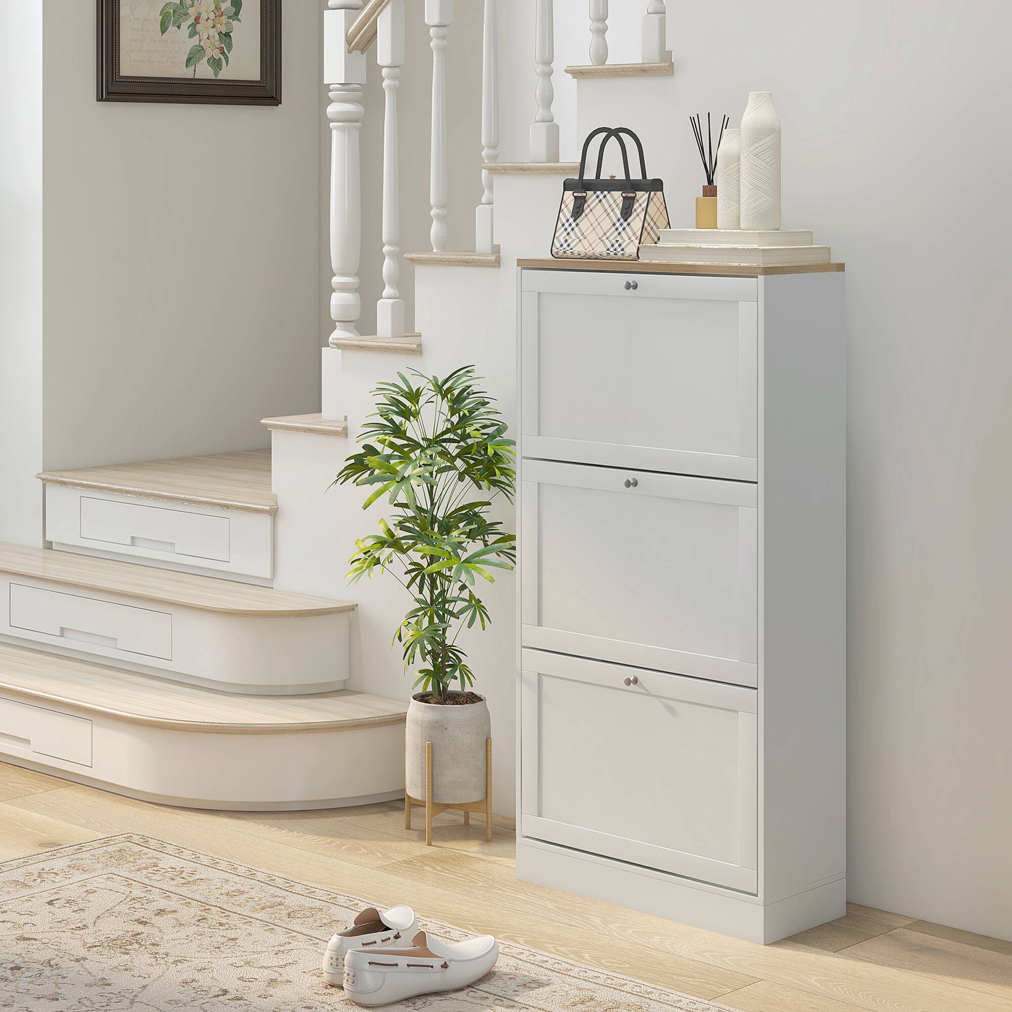 Alt View 1. Homcom - Slim Shoe Cabinet for Entryway, Modern Hidden Shoe Storage Cabinet with 3 Flip Drawers and Adjustable Shelves - White.
