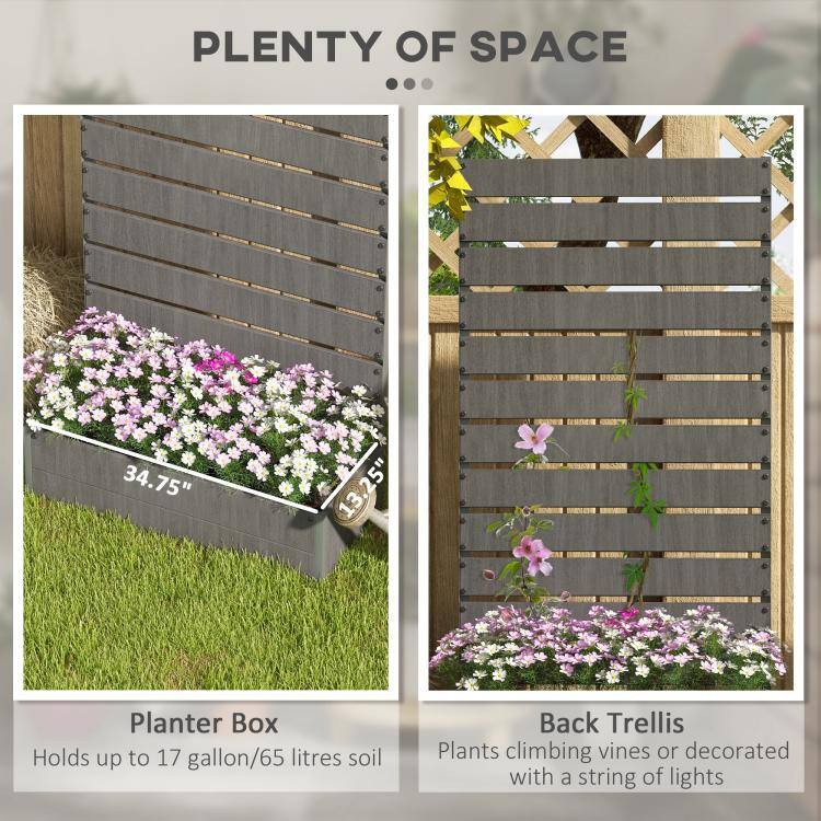 PLANTER BOX
34.75"
13.25"
Holds up to 17 gallon/65 litres soil

BACK TRELLIS
Plants climbing vines or decorated with a string of lights