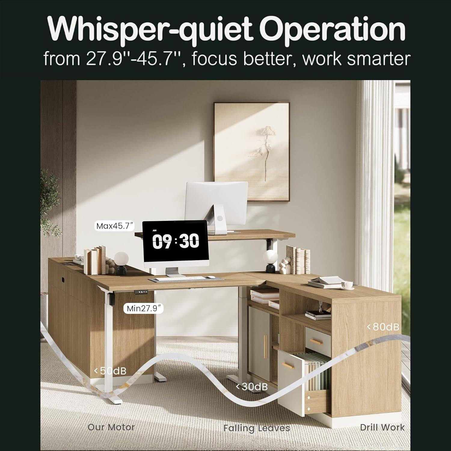 ModernMate - 114-in W Two Person Electric Height Adjustable Standing Desk with Storage and File Cabinets for Home Office - Light Walnut - Thumbnail 4