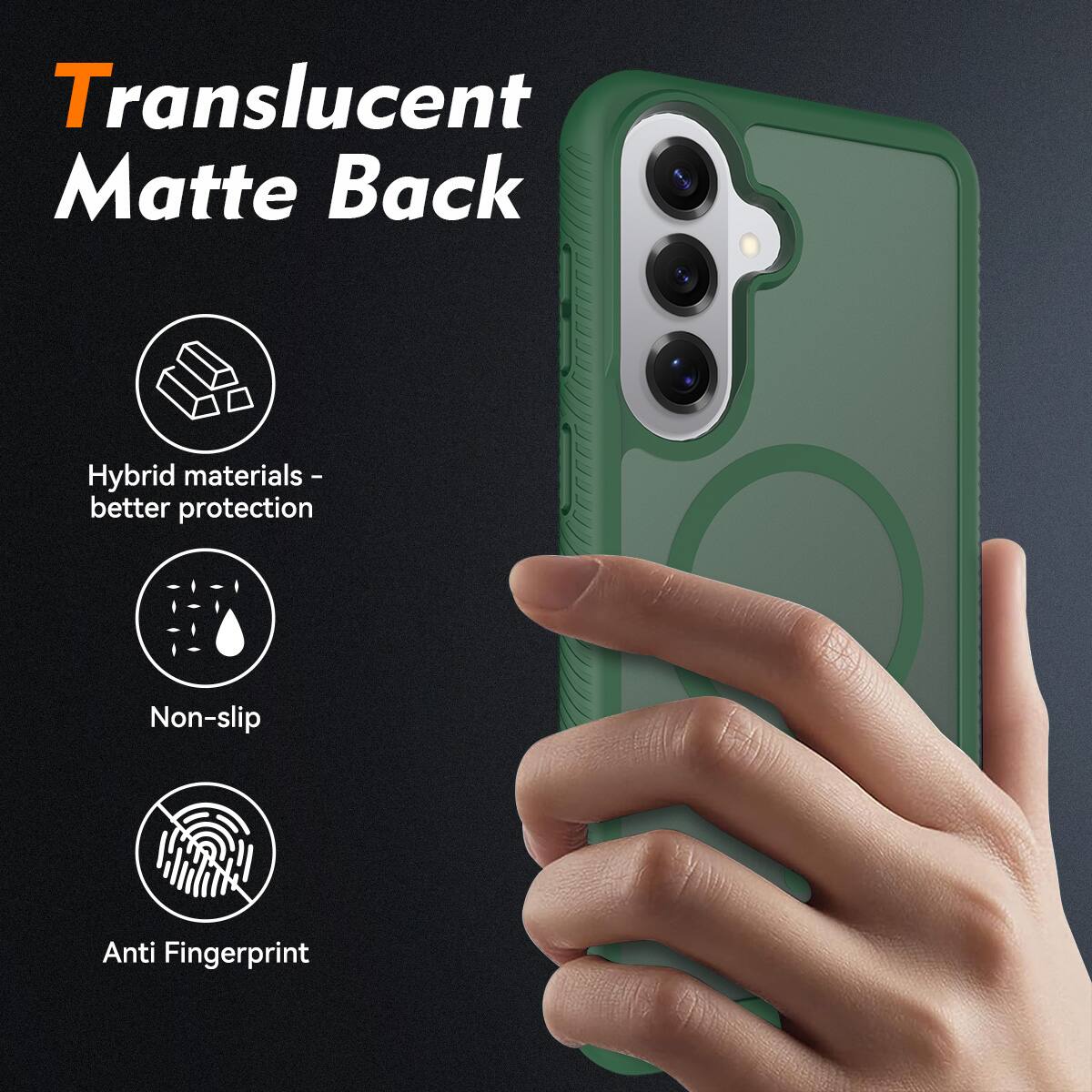 Translucent Matte Back  
Hybrid materials - better protection  
Non-slip  
Anti Fingerprint