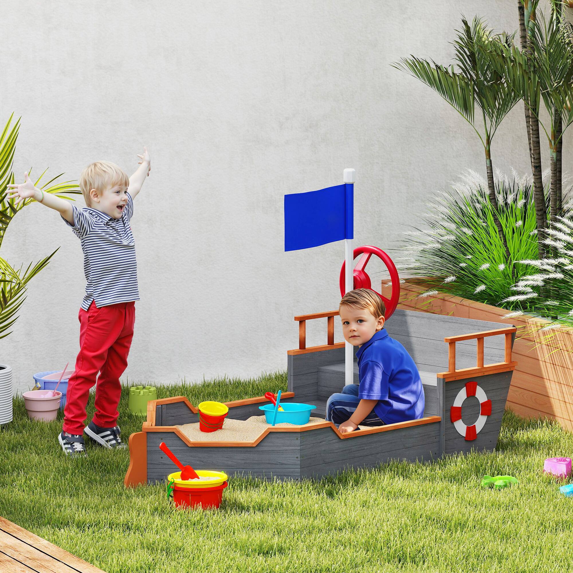 Alt View 1. Outsunny - Kids Wooden Sandbox Pirate Ship Sandboat w/ Bench Seat Storage Space Ceder Wood.