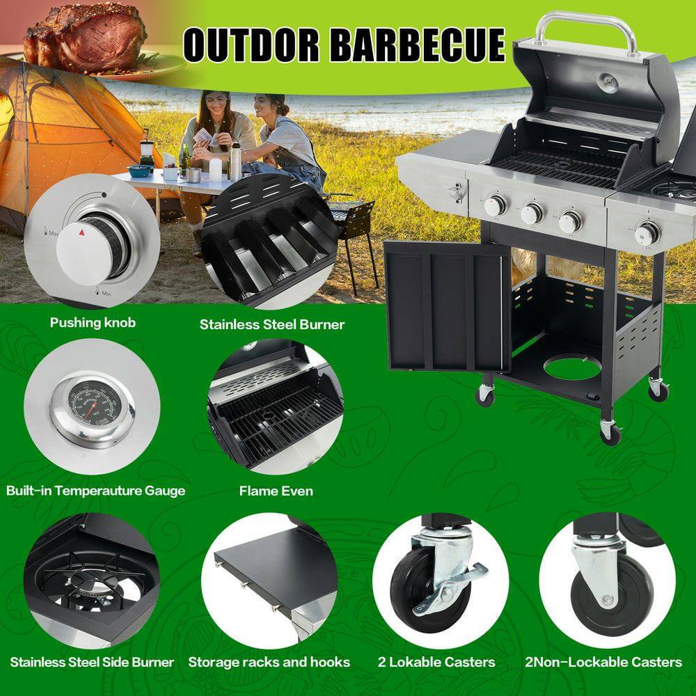 OUTDOOR BARBECUE

- Pushing knob
- Stainless Steel Burner
- Built-in Temperature Gauge
- Flame Even
- Stainless Steel Side Burner
- Storage racks and hooks
- 2 Lockable Casters
- 2 Non-Lockable Casters