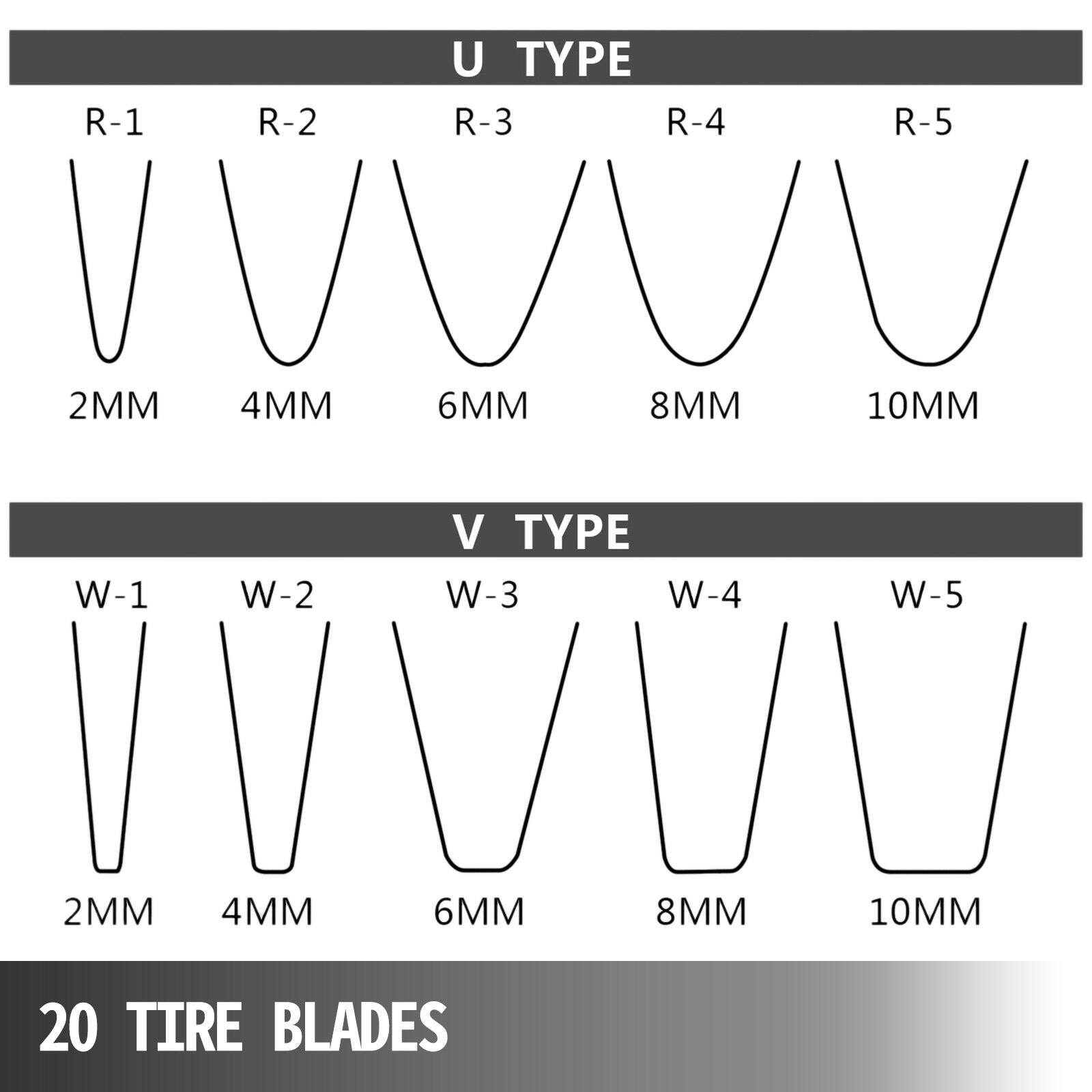 U TYPE  
R-1 2MM  
R-2 4MM  
R-3 6MM  
R-4 8MM  
R-5 10MM  

V TYPE  
W-1 2MM  
W-2 4MM  
W-3 6MM  
W-4 8MM  
W-5 10MM  

20 TIRE BLADES