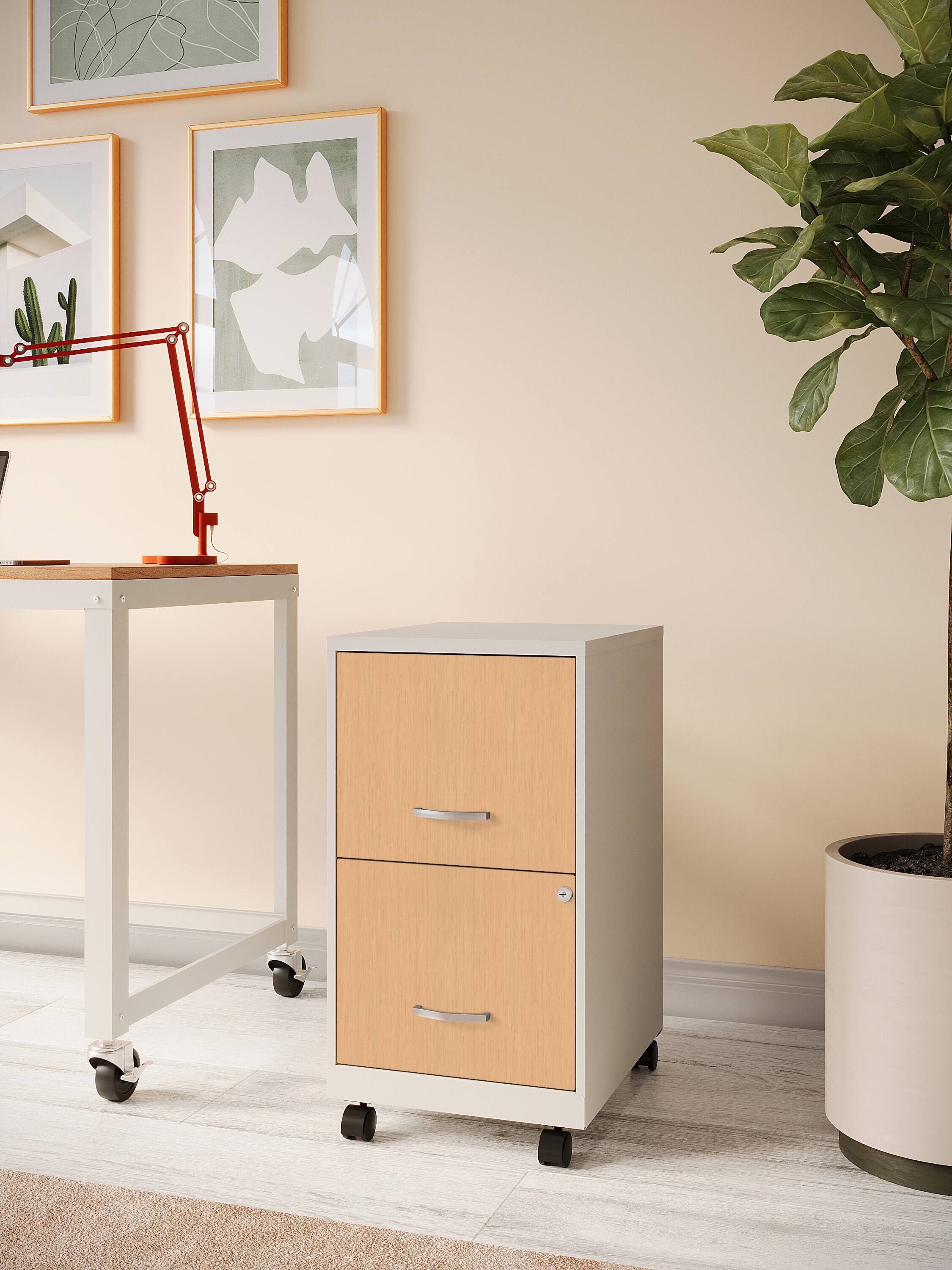 Alt View 1. Space Solutions - Space Solutions 18" Deep 2 Drawer Mobile File Cabinet with Wood Pattern Drawer Fronts, Pearl White / Platinum Oak - Pearl White.