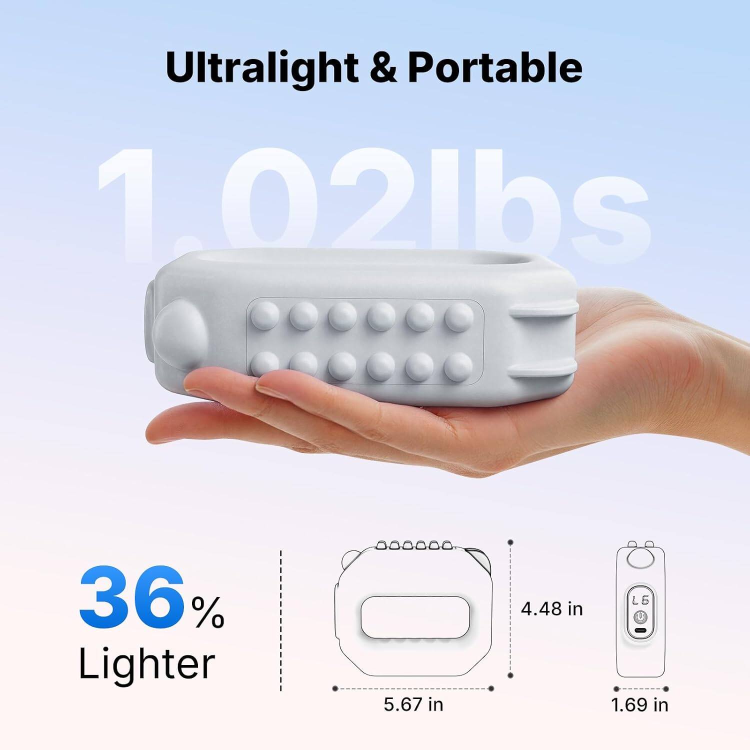 Ultralight & Portable  
1.02lbs  
36% Lighter  
5.67 in  
4.48 in  
1.69 in