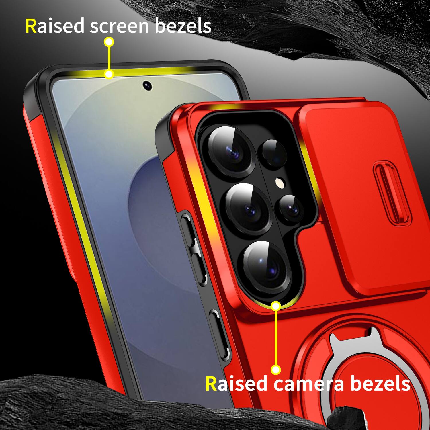 Raised screen bezels  
Raised camera bezels