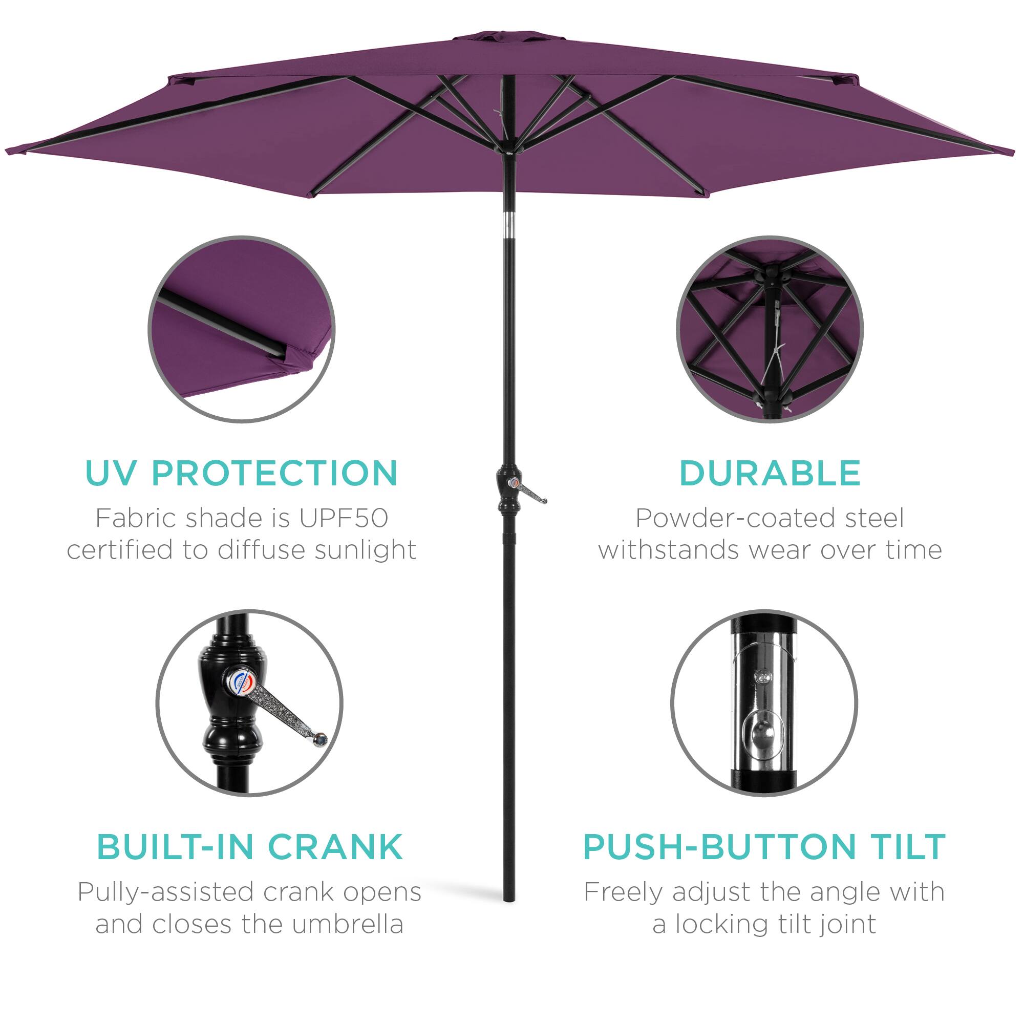 - **UV PROTECTION**  
  Fabric shade is UPF50 certified to diffuse sunlight

- **DURABLE**  
  Powder-coated steel withstands wear over time

- **BUILT-IN CRANK**  
  Pulley-assisted crank opens and closes the umbrella

- **PUSH-BUTTON TILT**  
  Freely adjust the angle with a locking tilt joint