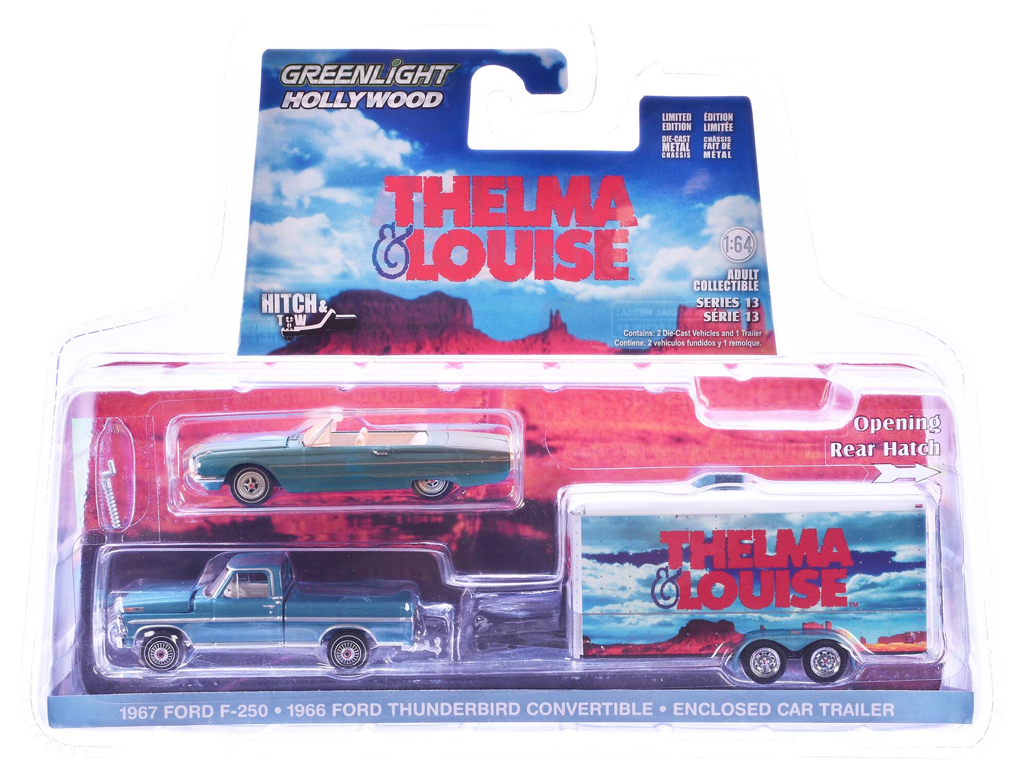 GREENLIGHT HOLLYWOOD  
LIMITED EDITION  
18-CAST CHASSIS METAL  
THELMA & LOUISE  
1:64  
ADULT COLLECTIBLE  
HITCH & TOW SERIES 13  
SÉRIE 13  
Contains: 2 Die-Cast Vehicles and 1 Trailer  
Contiene: 2 vehículos fundidos y 1 remolque.  
1967 FORD F-250 • 1966 FORD THUNDERBIRD CONVERTIBLE • ENCLOSED CAR TRAILER  
Opening Rear Hatch