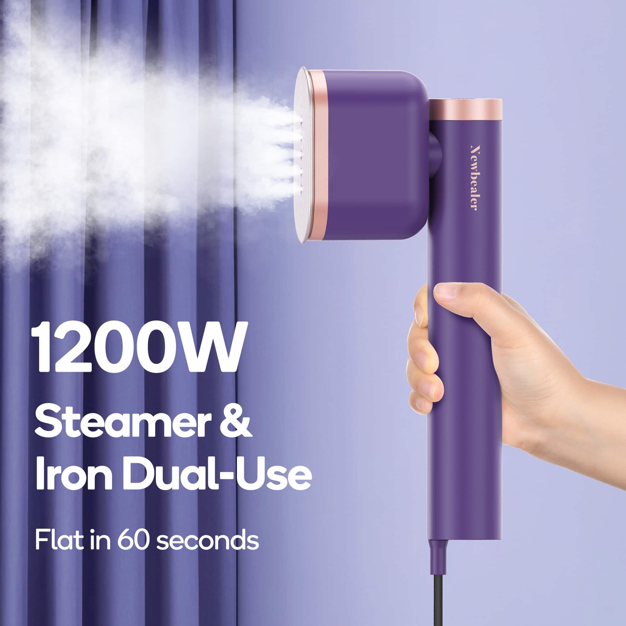 Newbealer - 2-in-1 Portable Garment Steamer & Iron, 15s Heat, 2 Steam Levels, 360° Leak-Proof,Horizontal/Vertical Steaming - Royal Purple