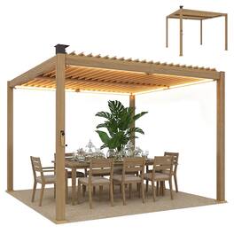 Outsunny - x 10' Louvered Pergola with Solar LED lights, Metal Roof - Nature Wood